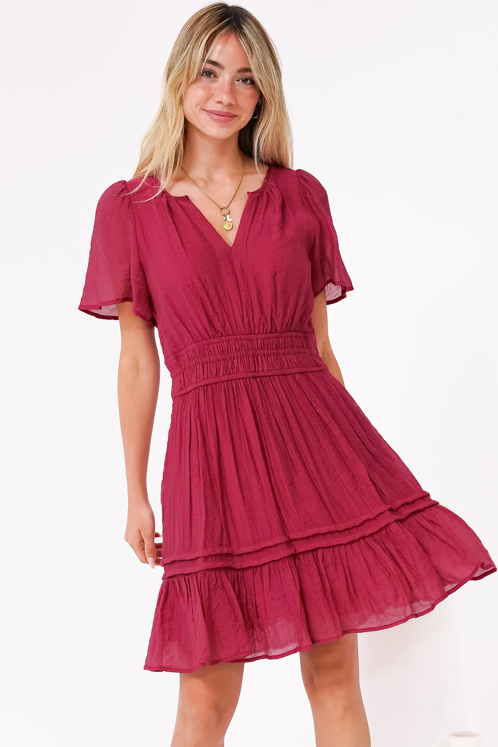 Payton Mini Dress - Pleat Detailed A-Line Dress with Cap Flutter Sleeves in Cherry Red - Image 6