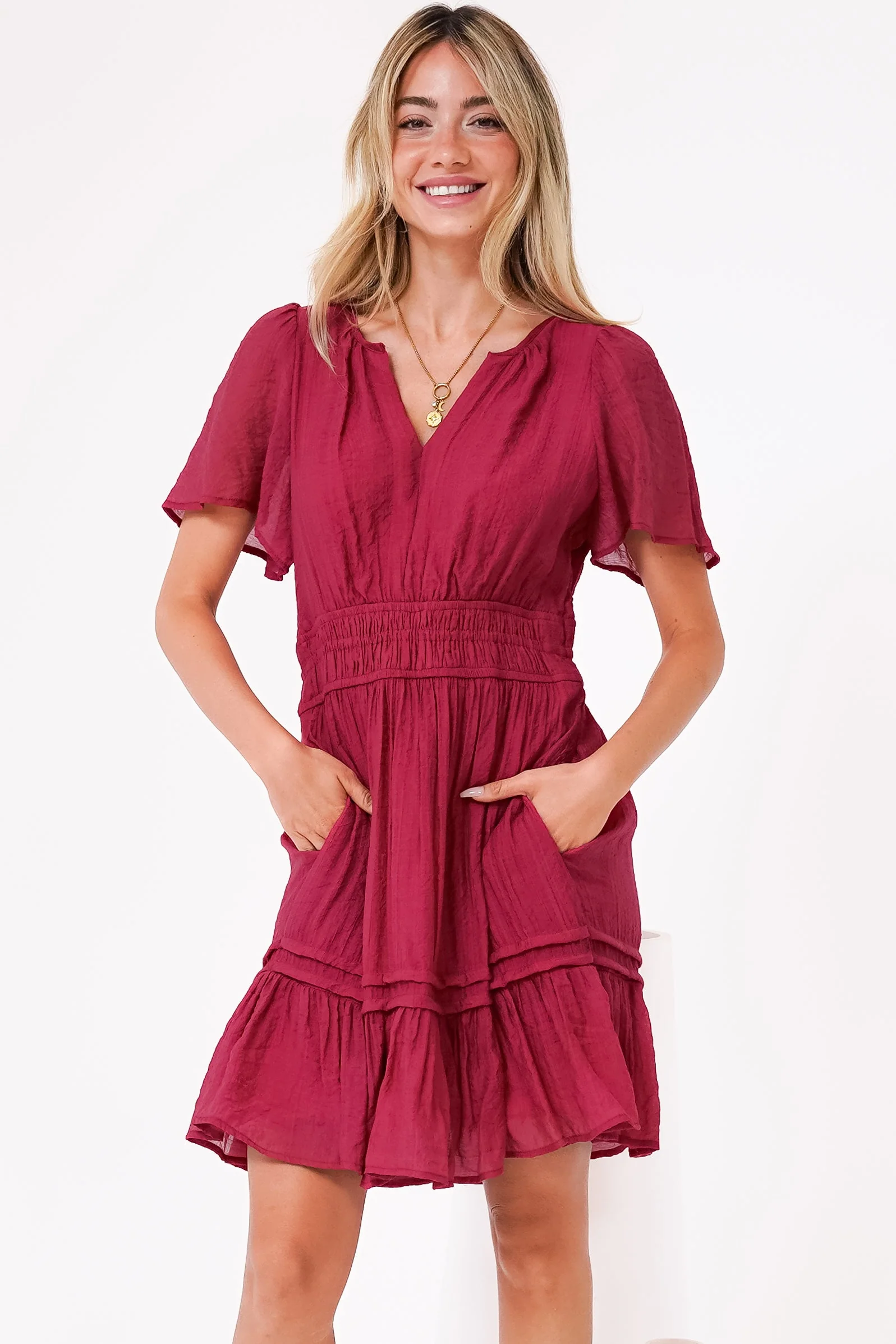 Payton Mini Dress - Pleat Detailed A-Line Dress with Cap Flutter Sleeves in Cherry Red - Image 7