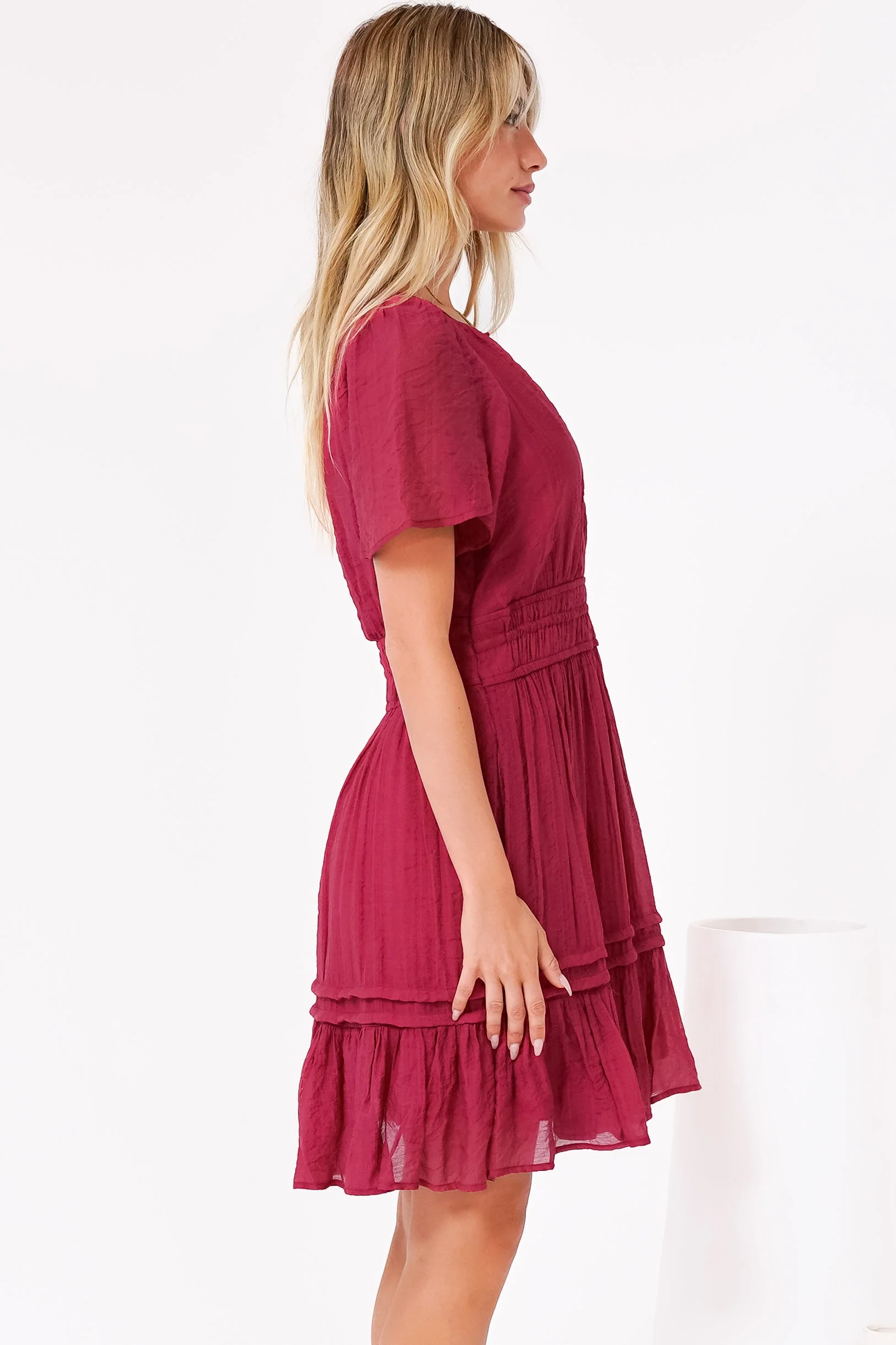 Payton Mini Dress - Pleat Detailed A-Line Dress with Cap Flutter Sleeves in Cherry Red - Image 8