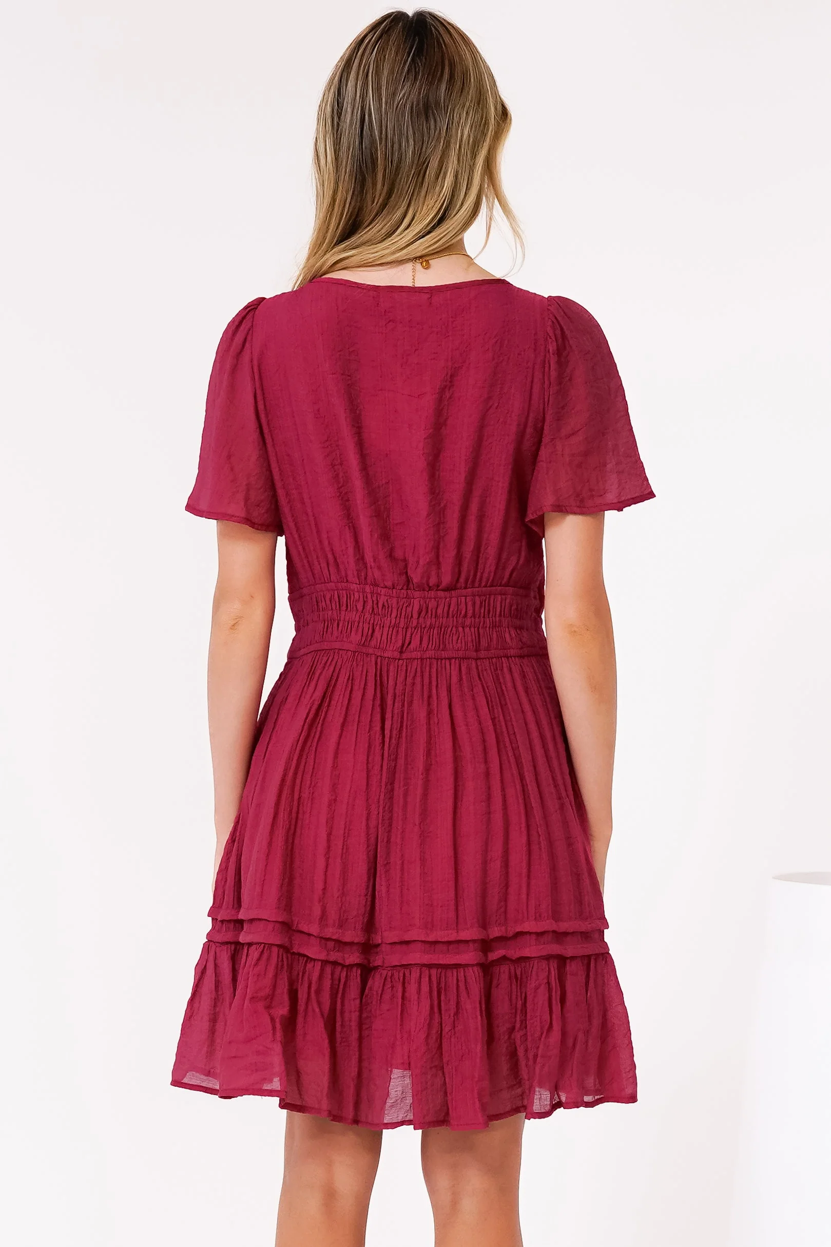 Payton Mini Dress - Pleat Detailed A-Line Dress with Cap Flutter Sleeves in Cherry Red - Image 9