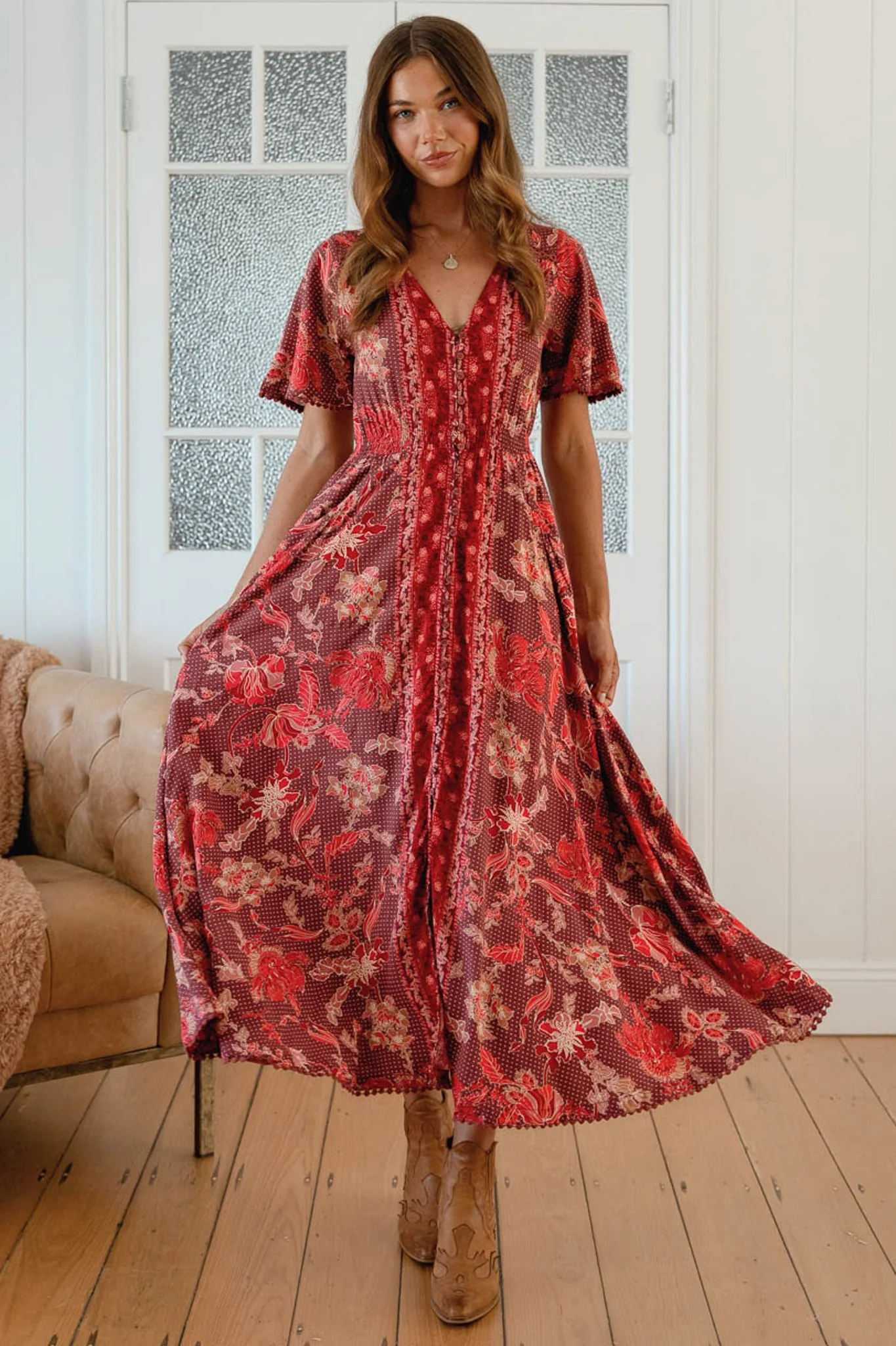 JAASE - Pearl Midi Dress V-Neck Button-Down Dress with Pom-Pom Trims in Ziggy Print