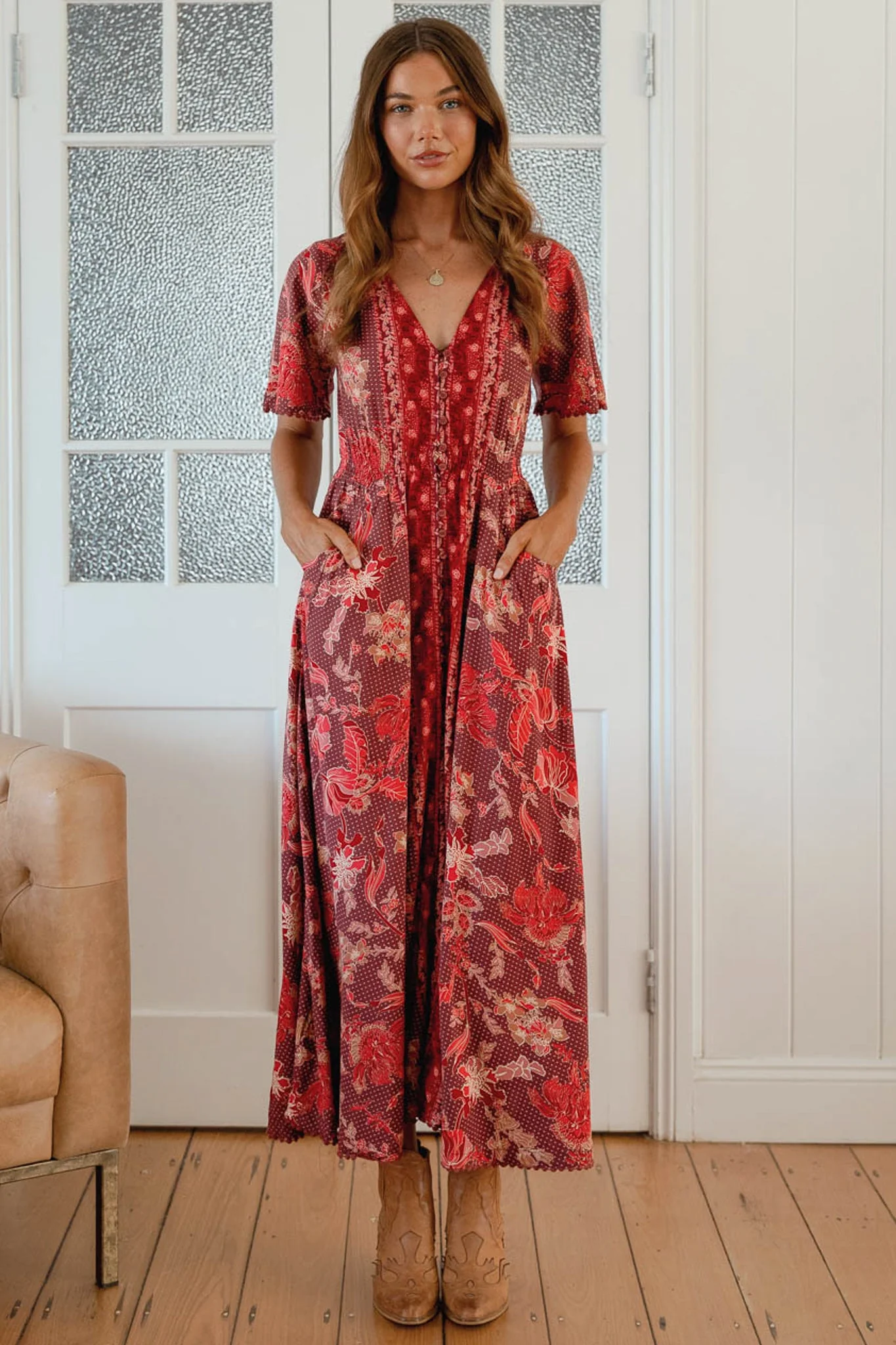 JAASE - Pearl Midi Dress V-Neck Button-Down Dress with Pom-Pom Trims in Ziggy Print - Image 2