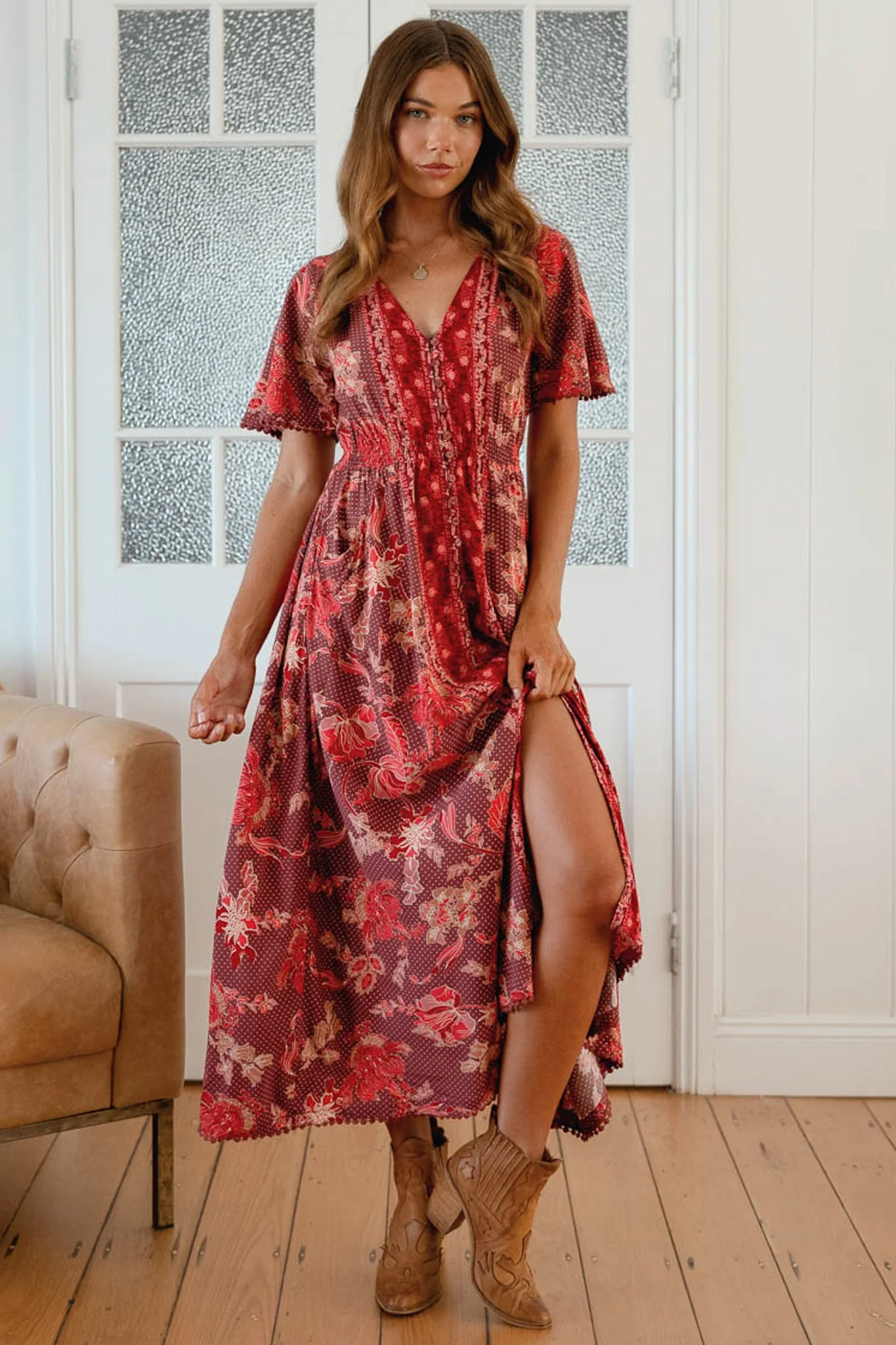 JAASE - Pearl Midi Dress V-Neck Button-Down Dress with Pom-Pom Trims in Ziggy Print - Image 3
