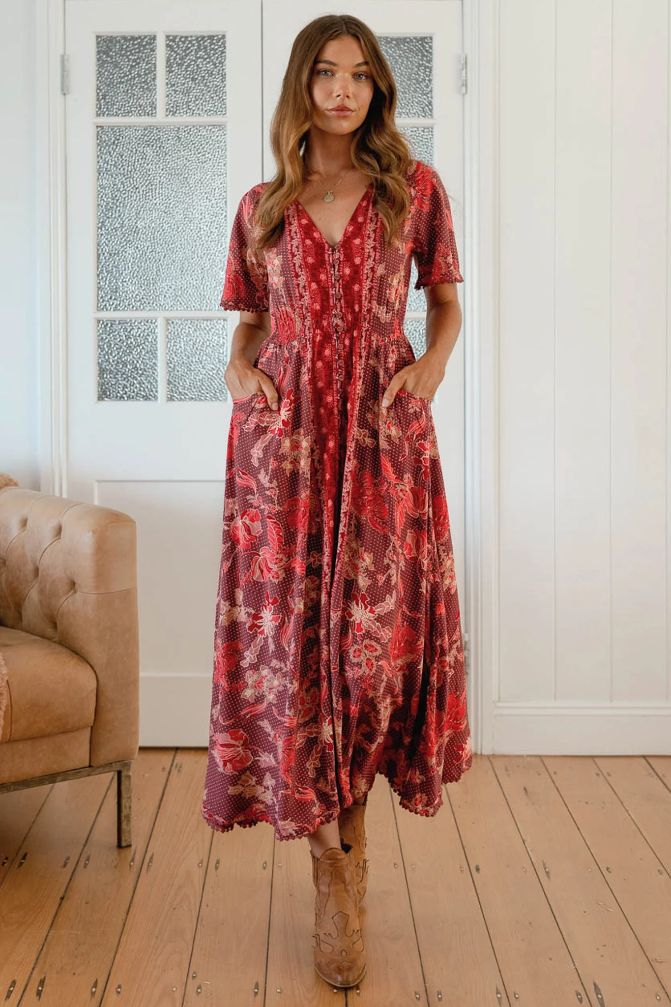 JAASE - Pearl Midi Dress V-Neck Button-Down Dress with Pom-Pom Trims in Ziggy Print - Image 4
