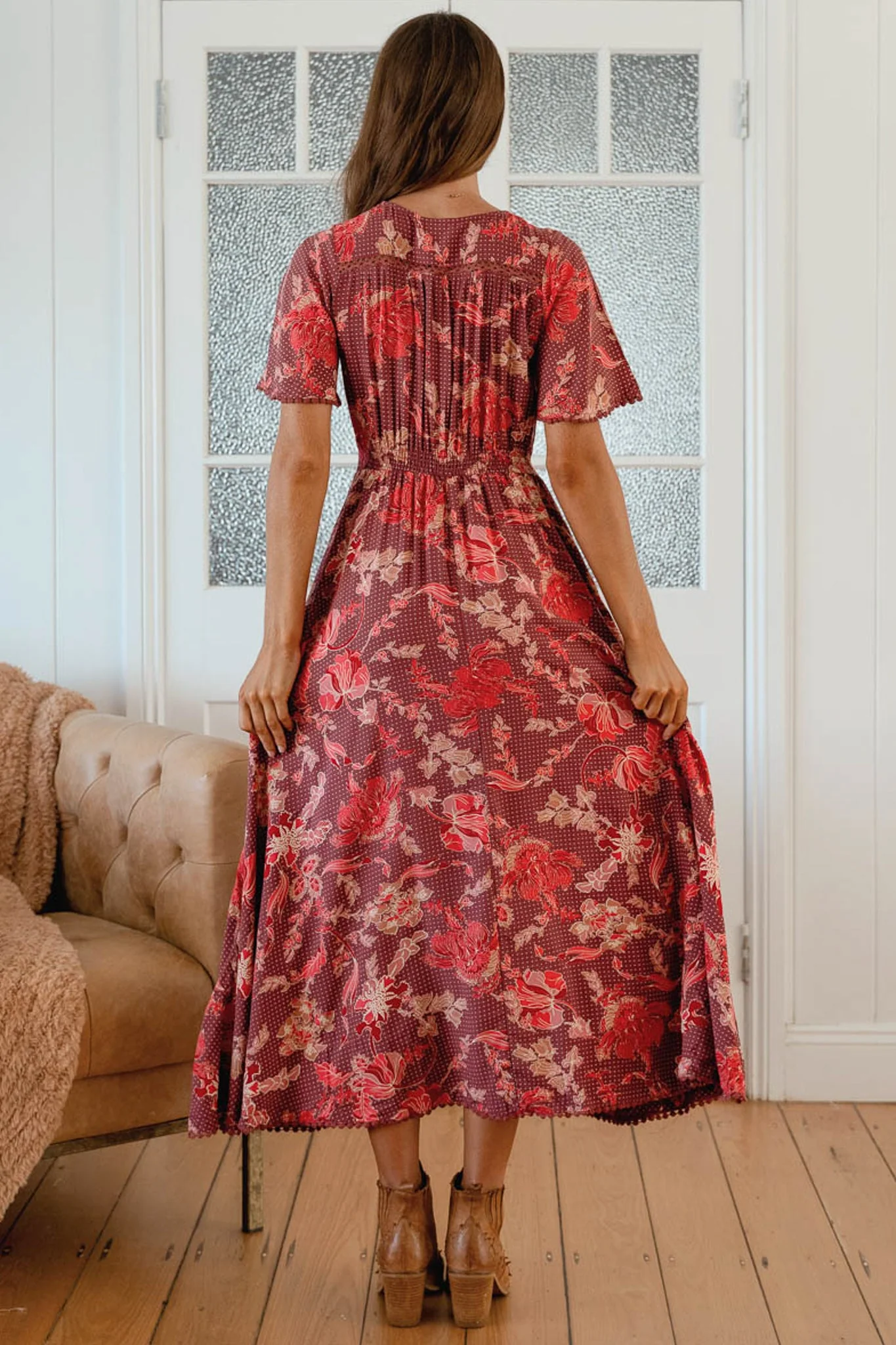 JAASE - Pearl Midi Dress V-Neck Button-Down Dress with Pom-Pom Trims in Ziggy Print - Image 5
