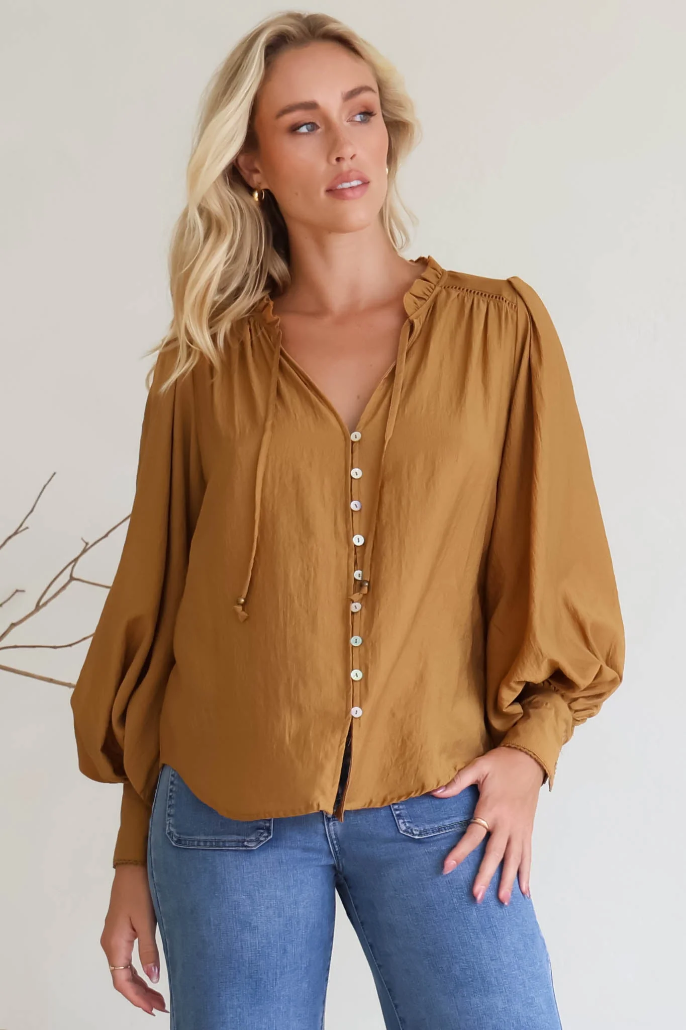Perrio Blouse - Frill Collar Button Down Balloon Sleeve Shirt in Tan - Image 3