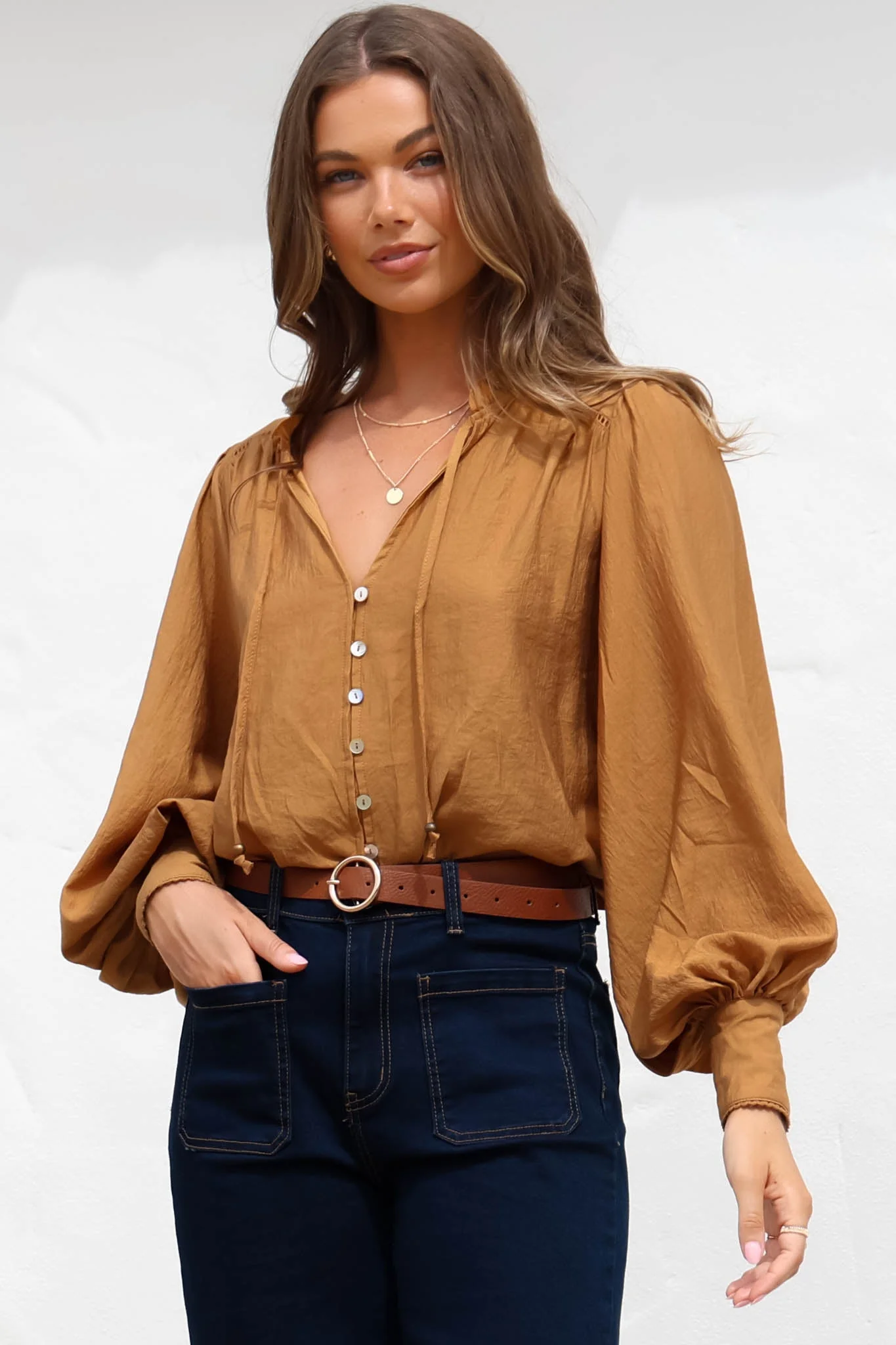 Perrio Blouse - Frill Collar Button Down Balloon Sleeve Shirt in Tan - Image 4