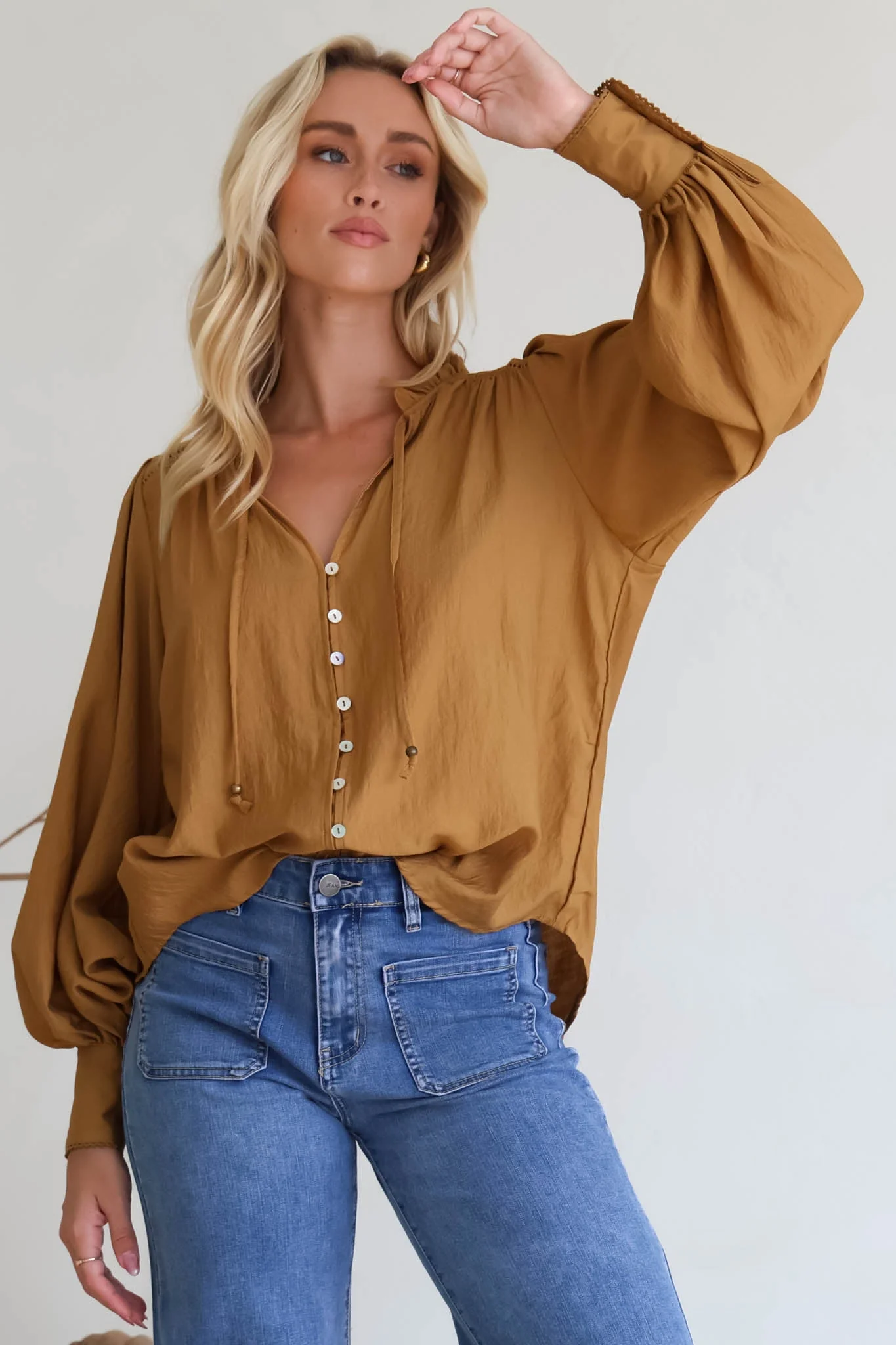 Perrio Blouse - Frill Collar Button Down Balloon Sleeve Shirt in Tan - Image 5
