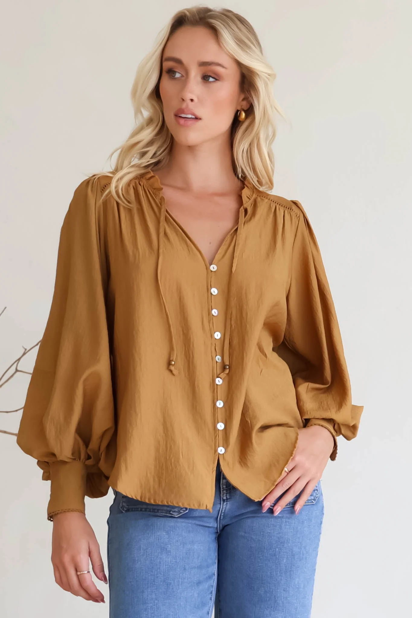 Perrio Blouse - Frill Collar Button Down Balloon Sleeve Shirt in Tan - Image 6