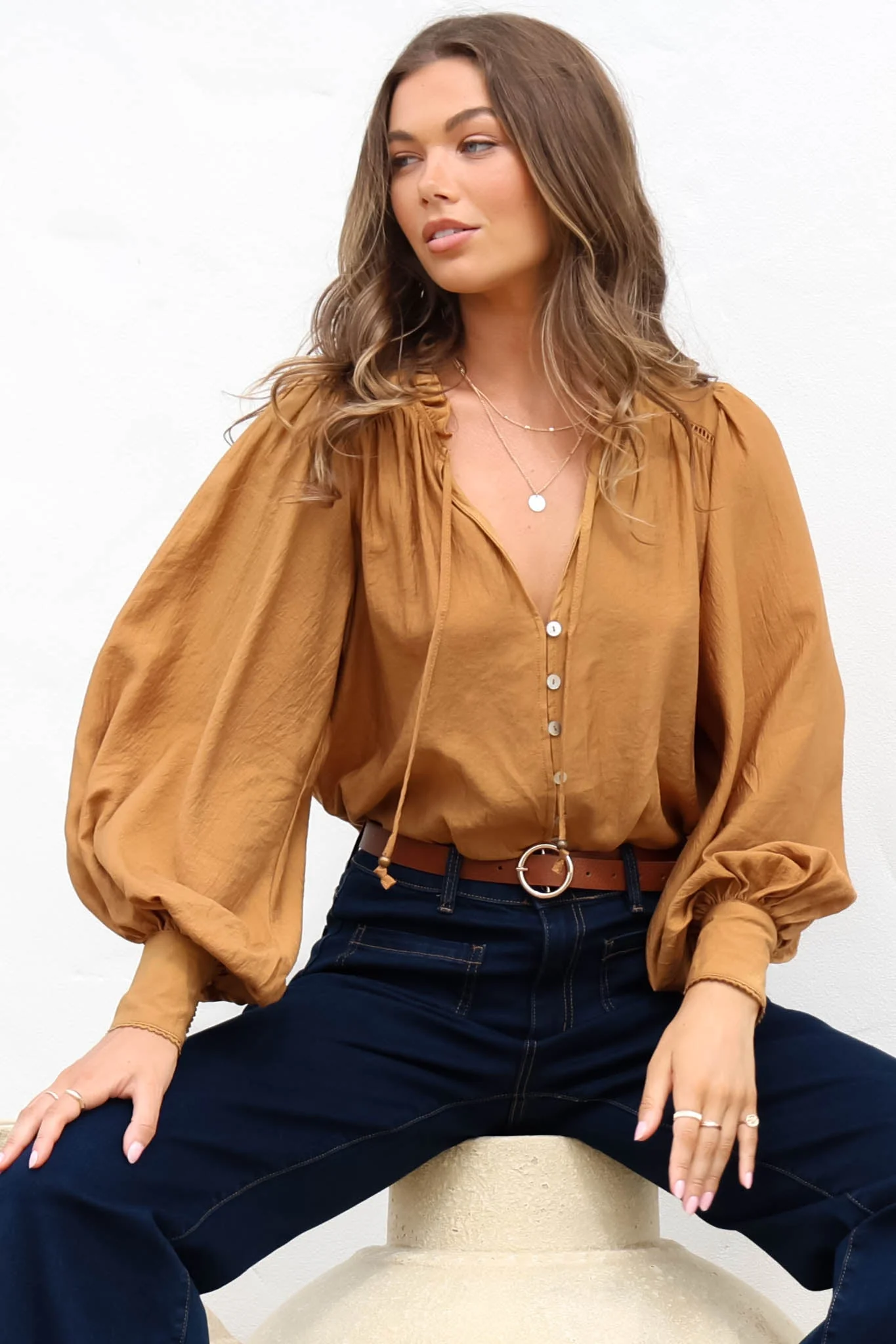 Perrio Blouse - Frill Collar Button Down Balloon Sleeve Shirt in Tan - Image 7