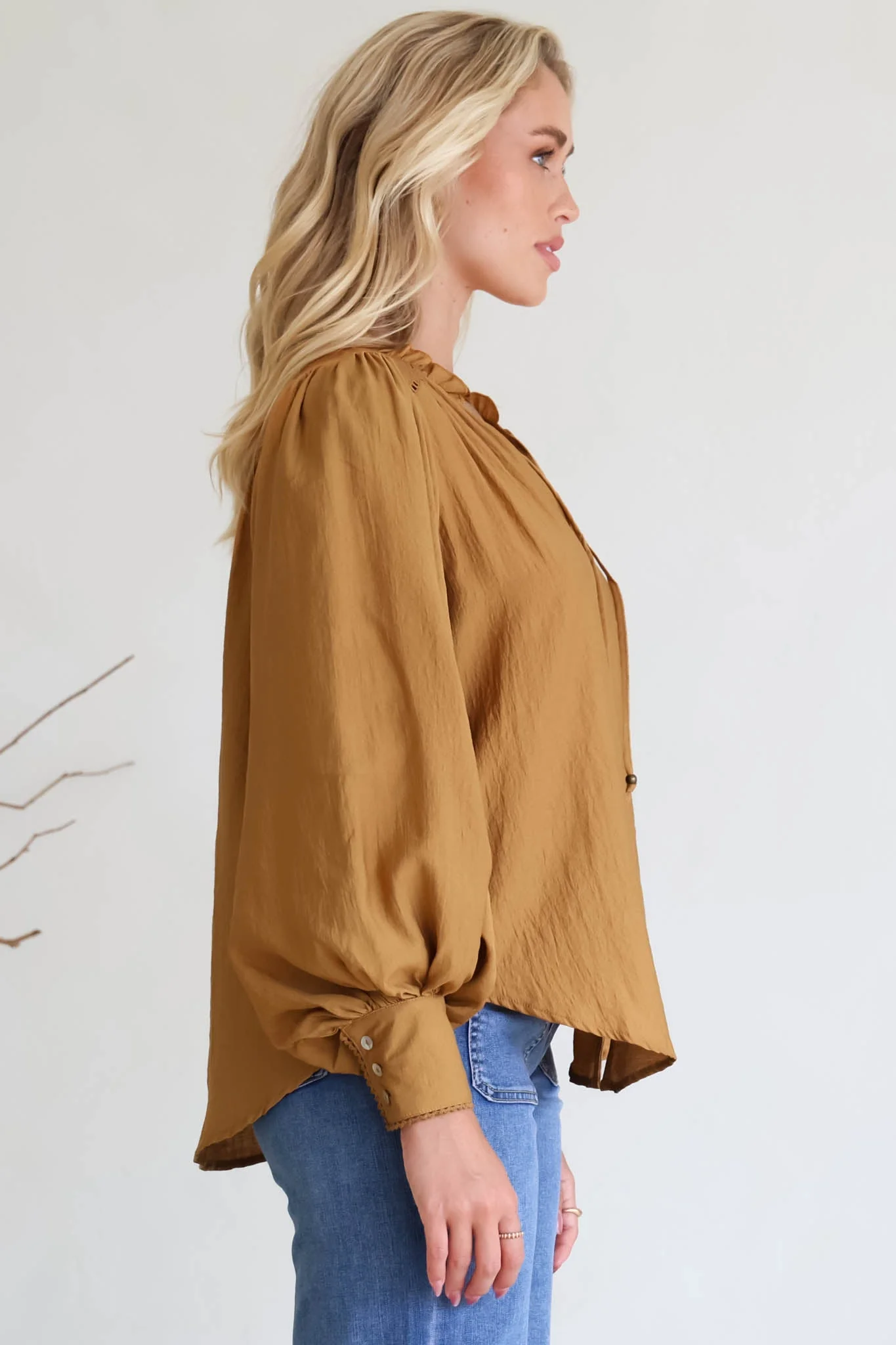 Perrio Blouse - Frill Collar Button Down Balloon Sleeve Shirt in Tan - Image 8
