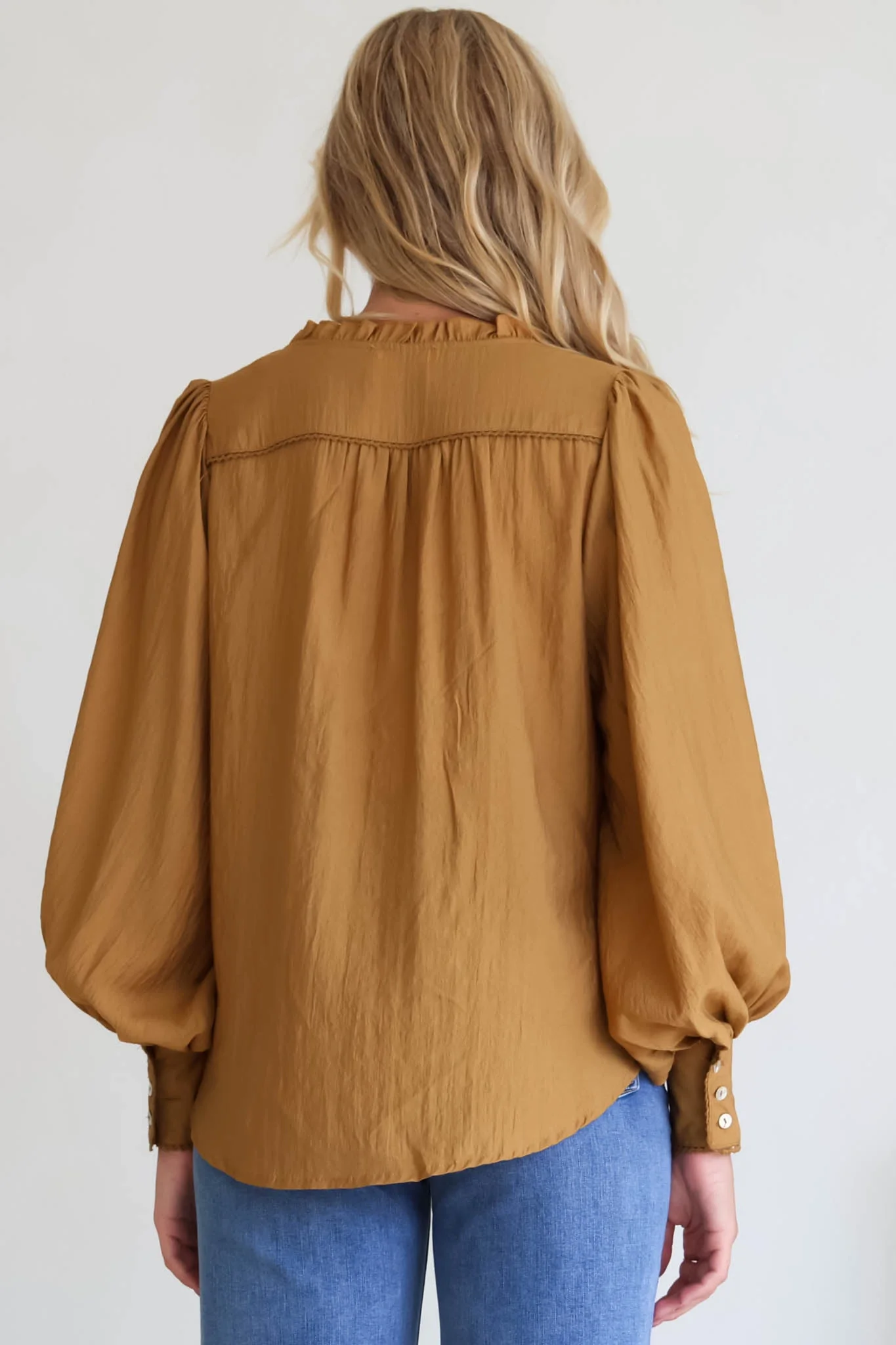 Perrio Blouse - Frill Collar Button Down Balloon Sleeve Shirt in Tan - Image 9