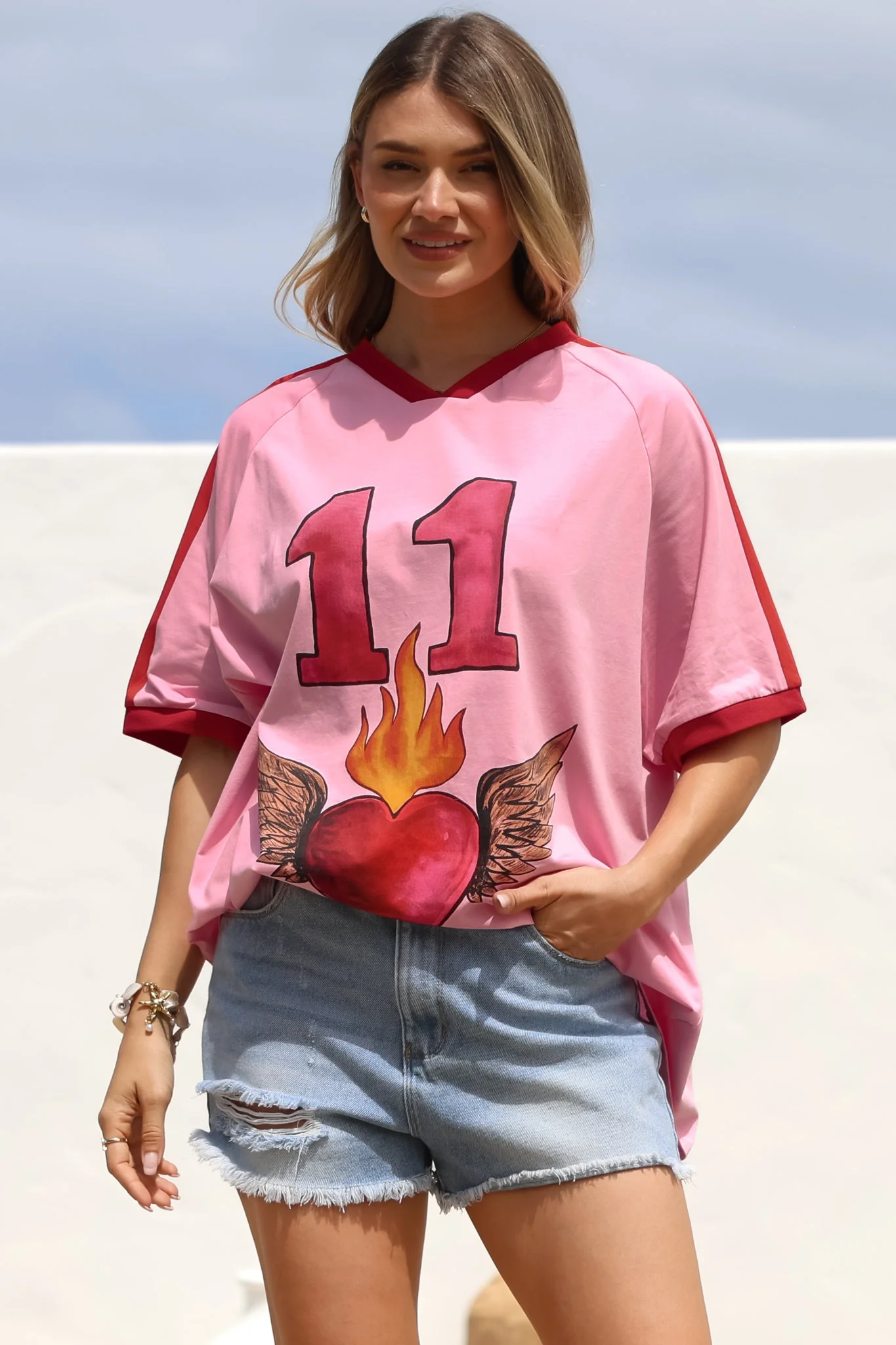 Pink 11 Tee - Graphic Print Short Sleeve T-Shirt with Racer Stripe Sleeves in Pink - Image 3