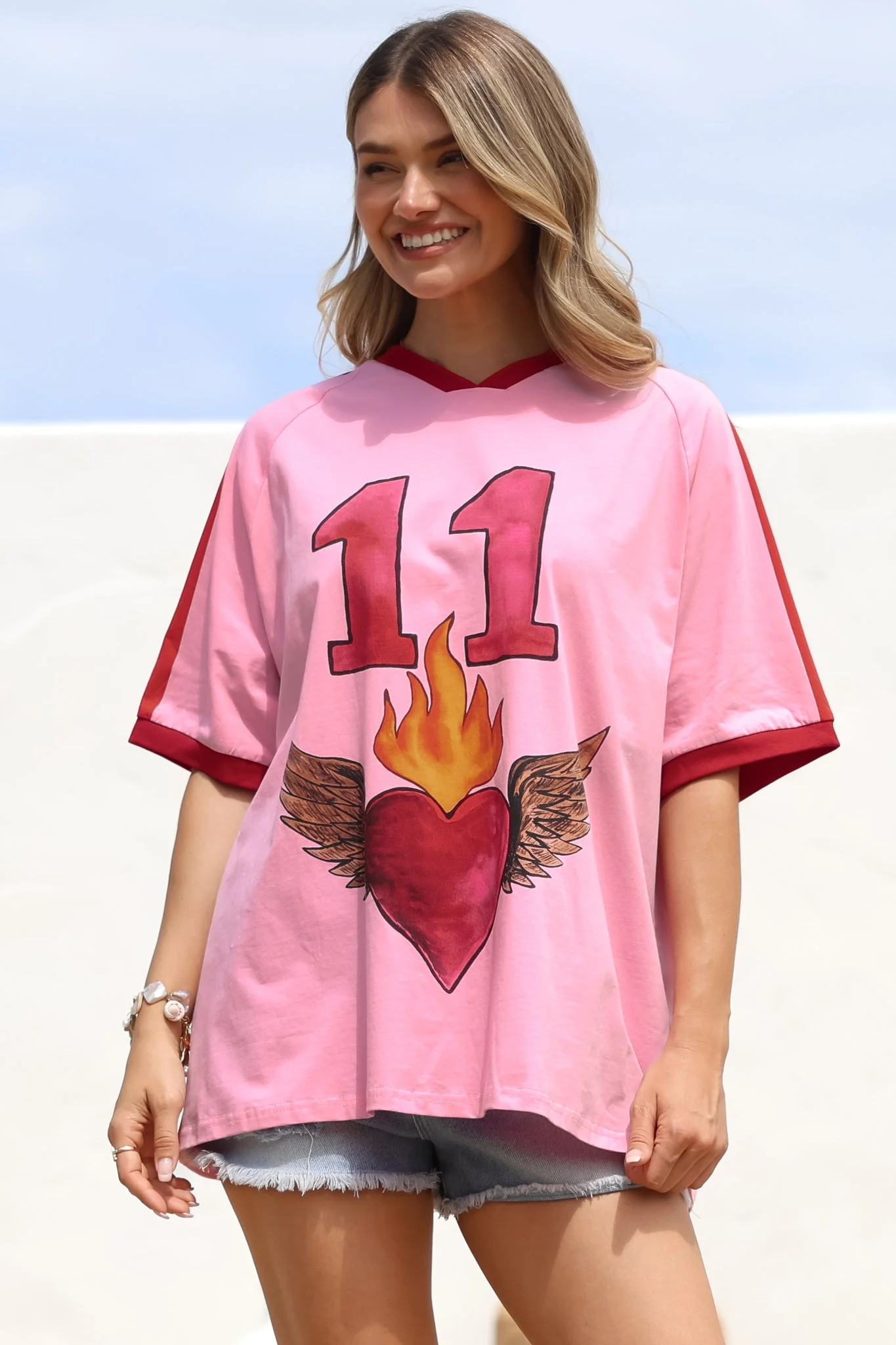Pink 11 Tee - Graphic Print Short Sleeve T-Shirt with Racer Stripe Sleeves in Pink - Image 4