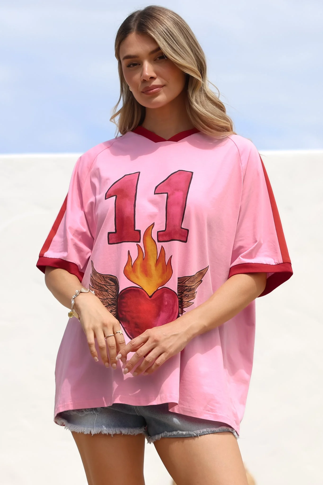 Pink 11 Tee - Graphic Print Short Sleeve T-Shirt with Racer Stripe Sleeves in Pink - Image 5