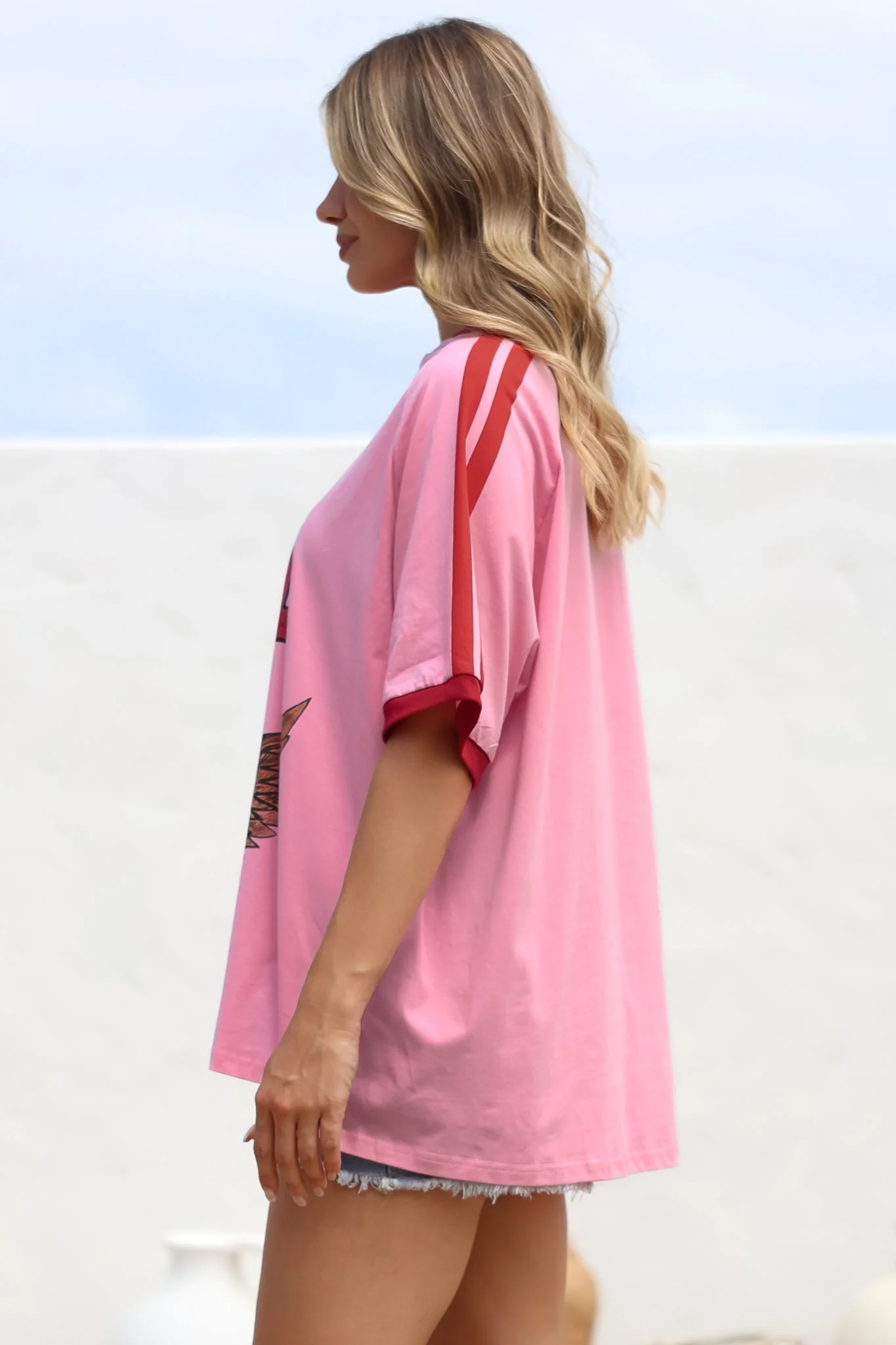 Pink 11 Tee - Graphic Print Short Sleeve T-Shirt with Racer Stripe Sleeves in Pink - Image 6