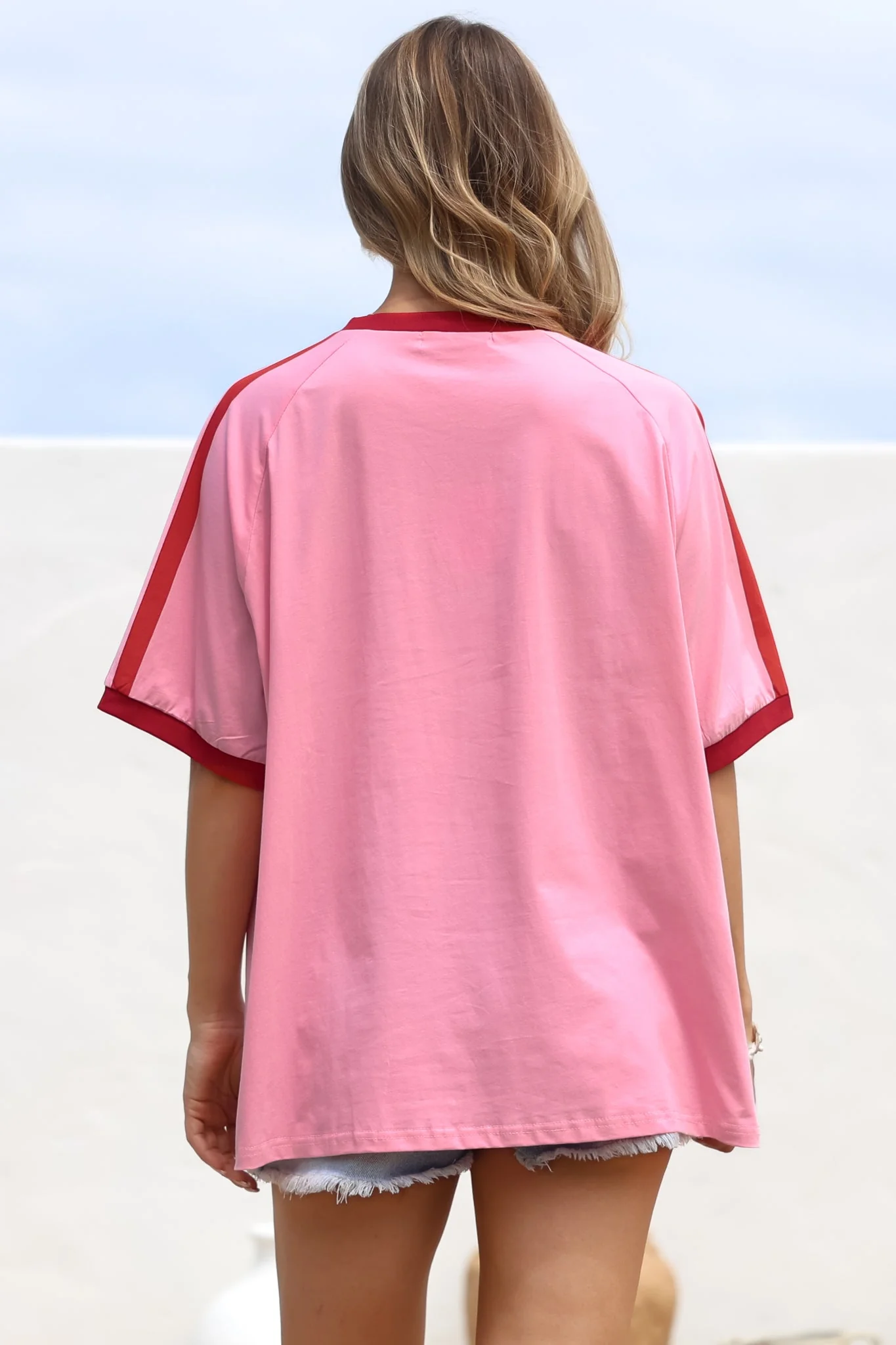 Pink 11 Tee - Graphic Print Short Sleeve T-Shirt with Racer Stripe Sleeves in Pink - Image 7