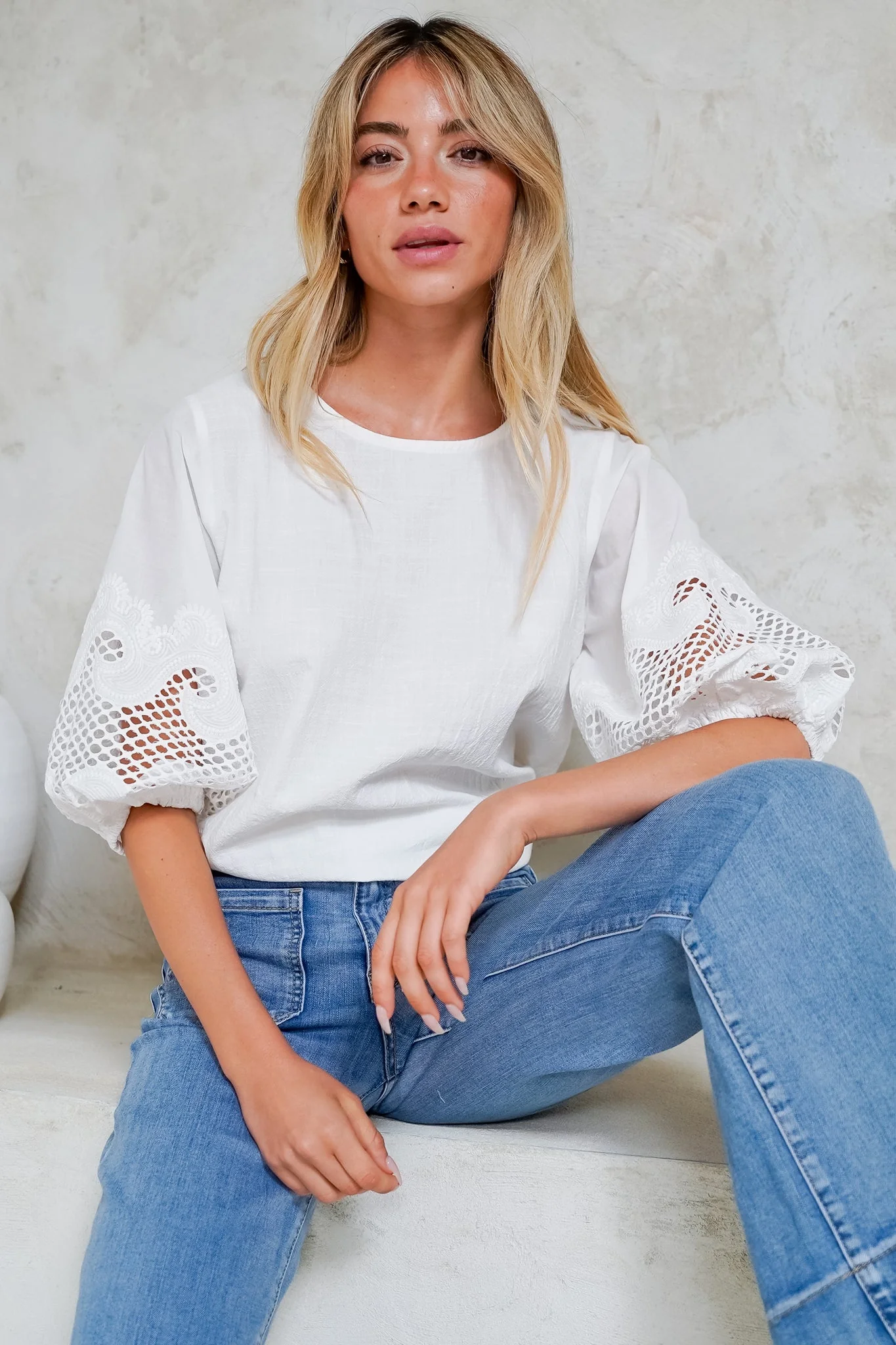 Polly Top - Round Neck Relaxed Top with Cut Out Detailed Balloon Sleeves in White - Image 3