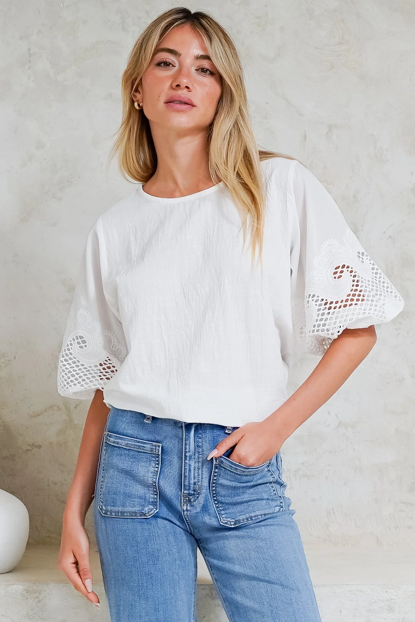 Polly Top - Round Neck Relaxed Top with Cut Out Detailed Balloon Sleeves in White - Image 4