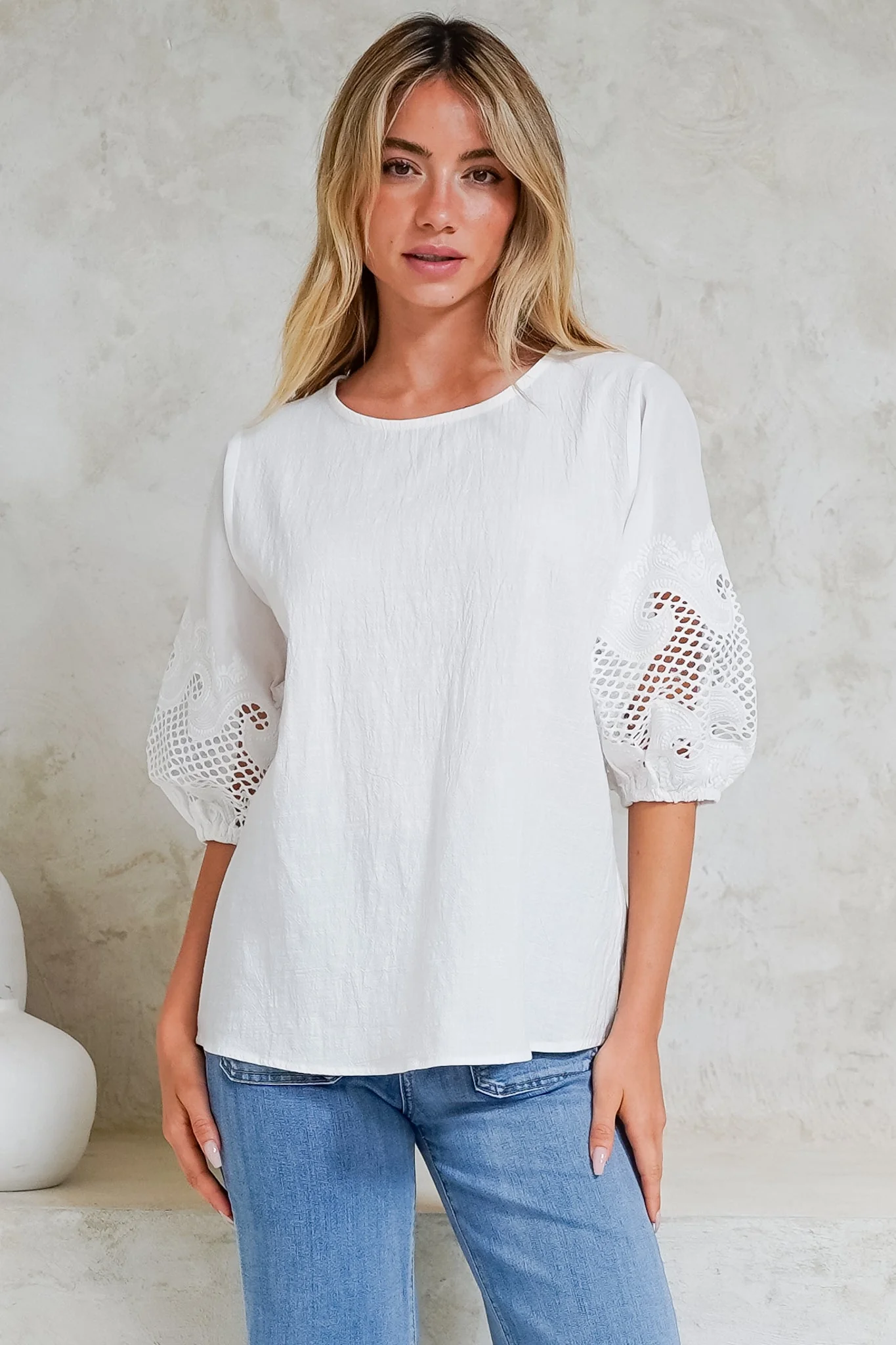 Polly Top - Round Neck Relaxed Top with Cut Out Detailed Balloon Sleeves in White - Image 5
