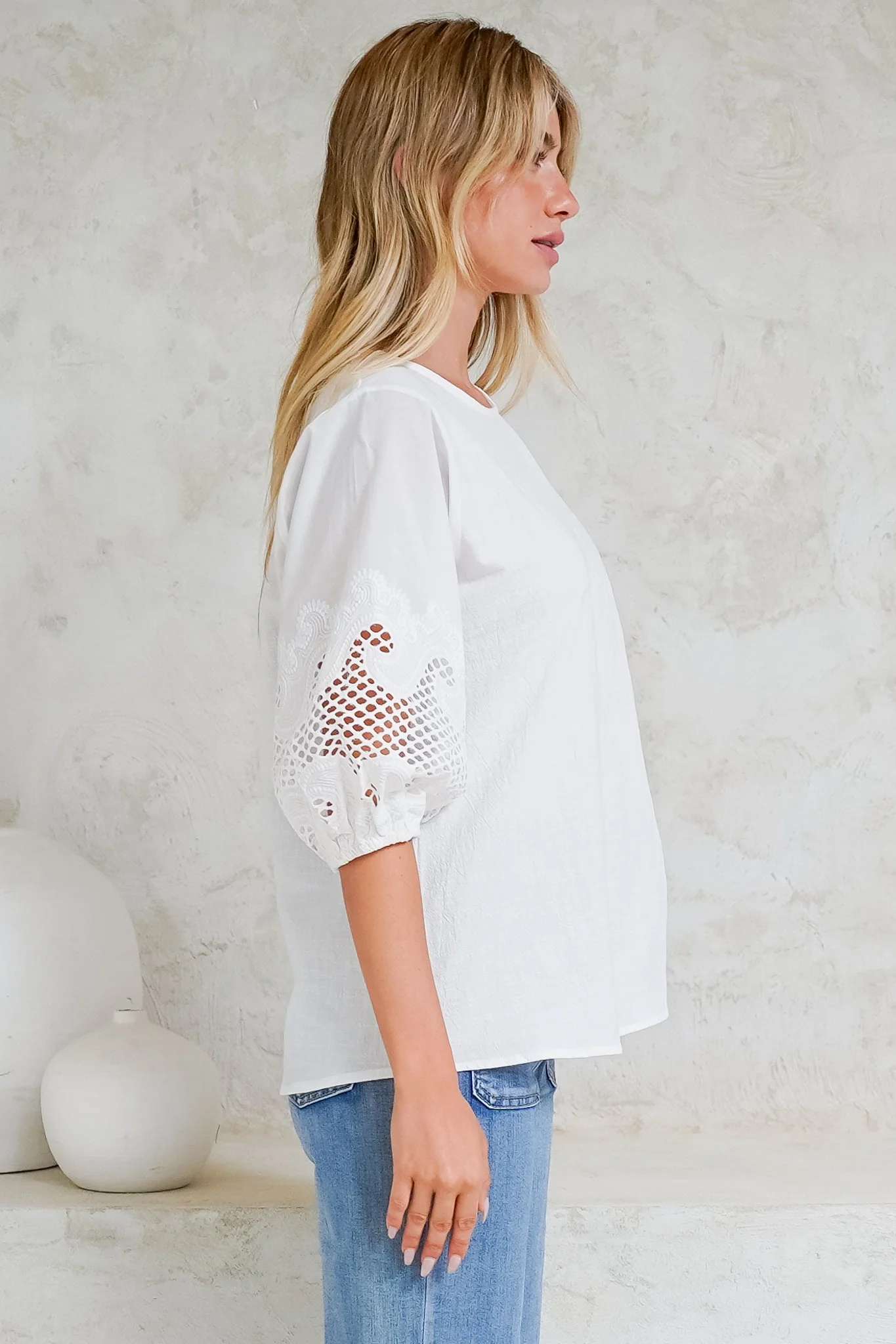 Polly Top - Round Neck Relaxed Top with Cut Out Detailed Balloon Sleeves in White - Image 6