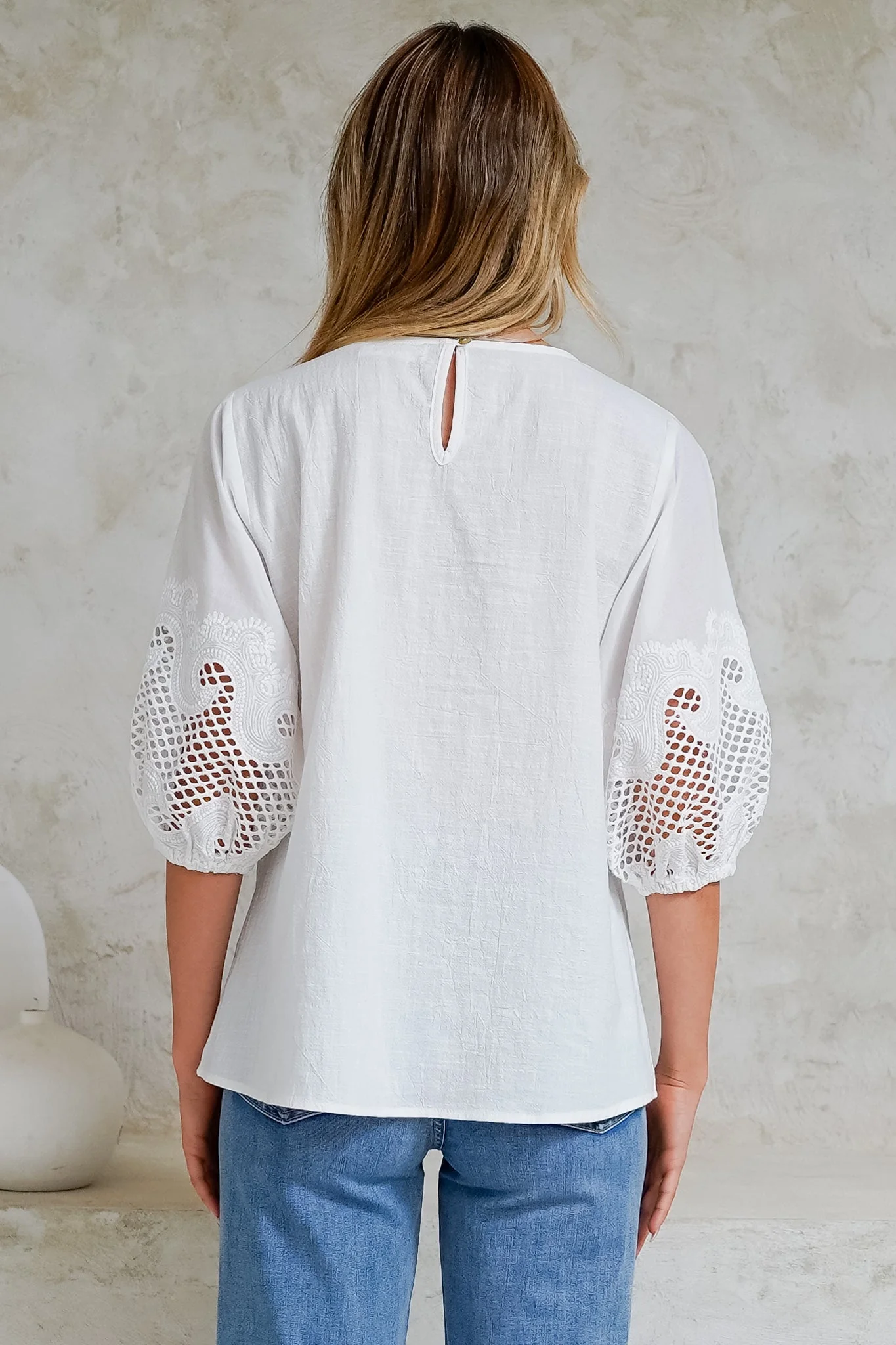 Polly Top - Round Neck Relaxed Top with Cut Out Detailed Balloon Sleeves in White - Image 7