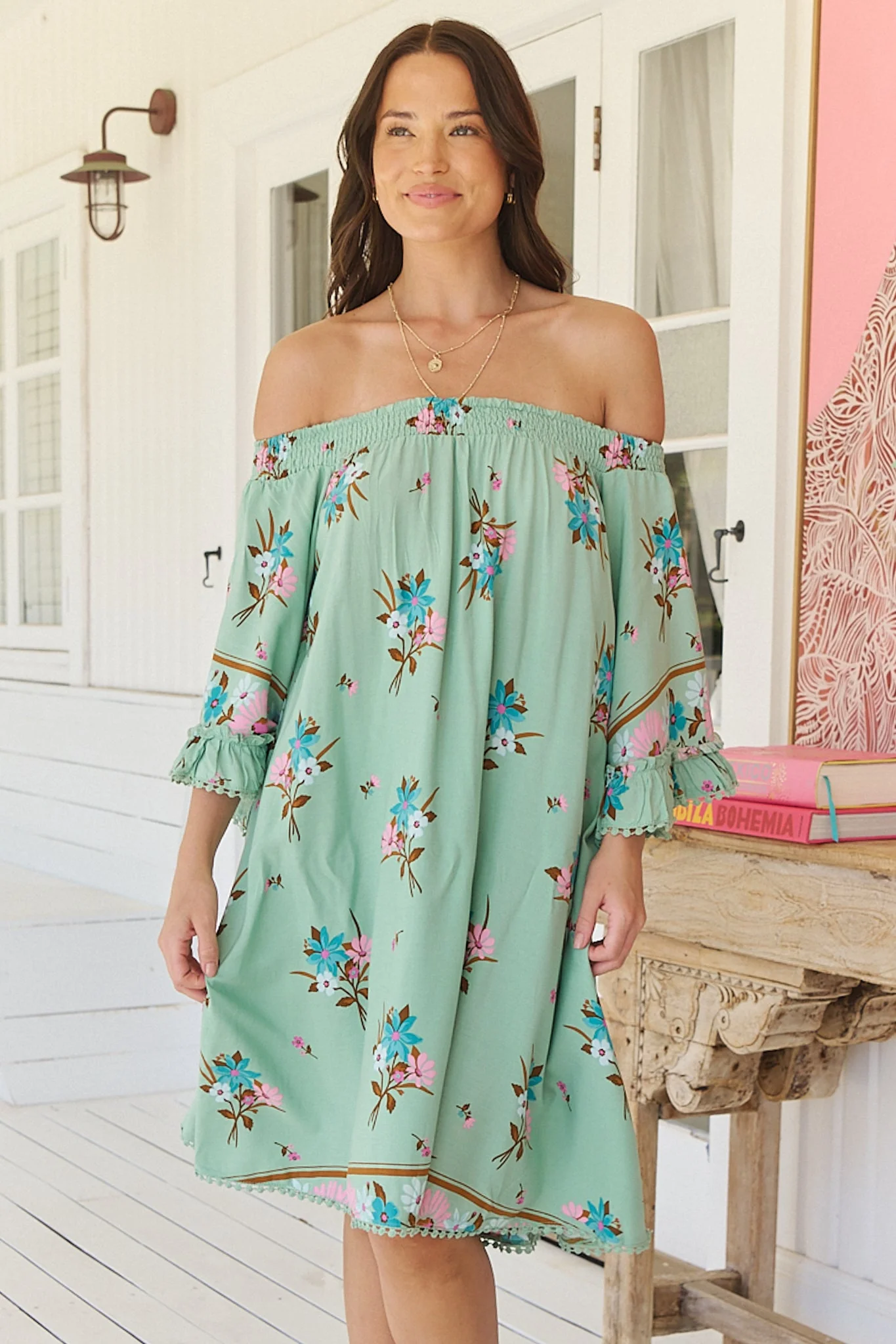 JAASE - Poppy Mini Dress: Elasticated Off the Shoulder Crochet Trim Sleeves Dress in Maribel Print
