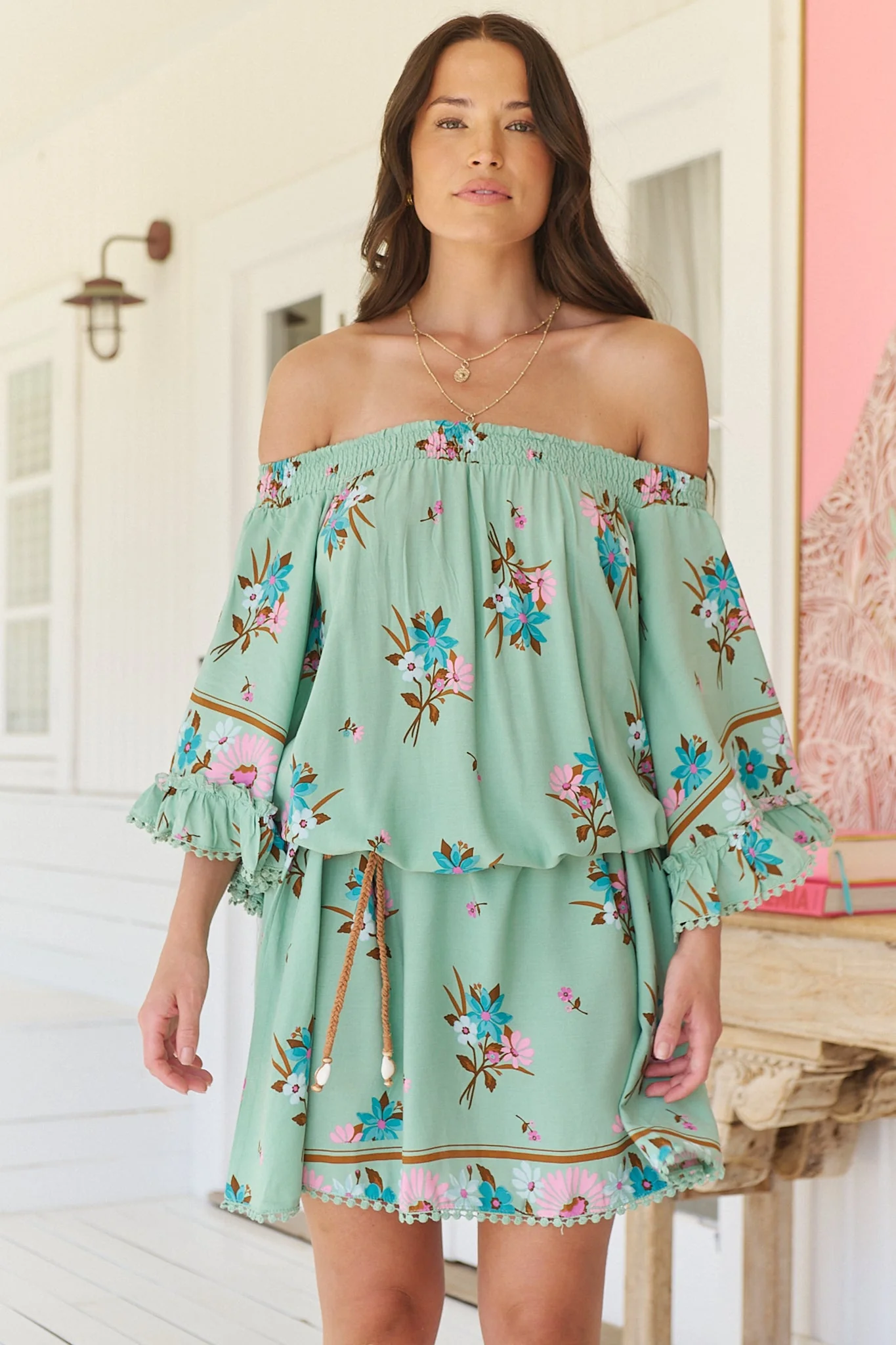 JAASE - Poppy Mini Dress: Elasticated Off the Shoulder Crochet Trim Sleeves Dress in Maribel Print - Image 2