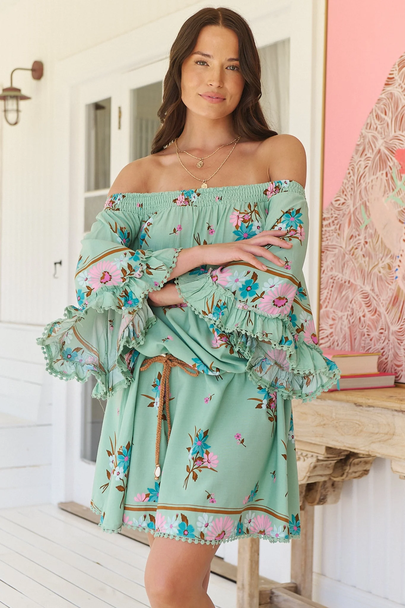 JAASE - Poppy Mini Dress: Elasticated Off the Shoulder Crochet Trim Sleeves Dress in Maribel Print - Image 5