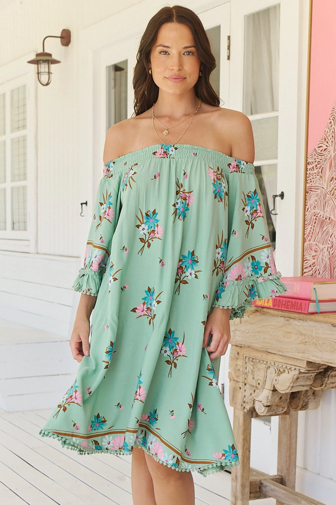 JAASE - Poppy Mini Dress: Elasticated Off the Shoulder Crochet Trim Sleeves Dress in Maribel Print - Image 6