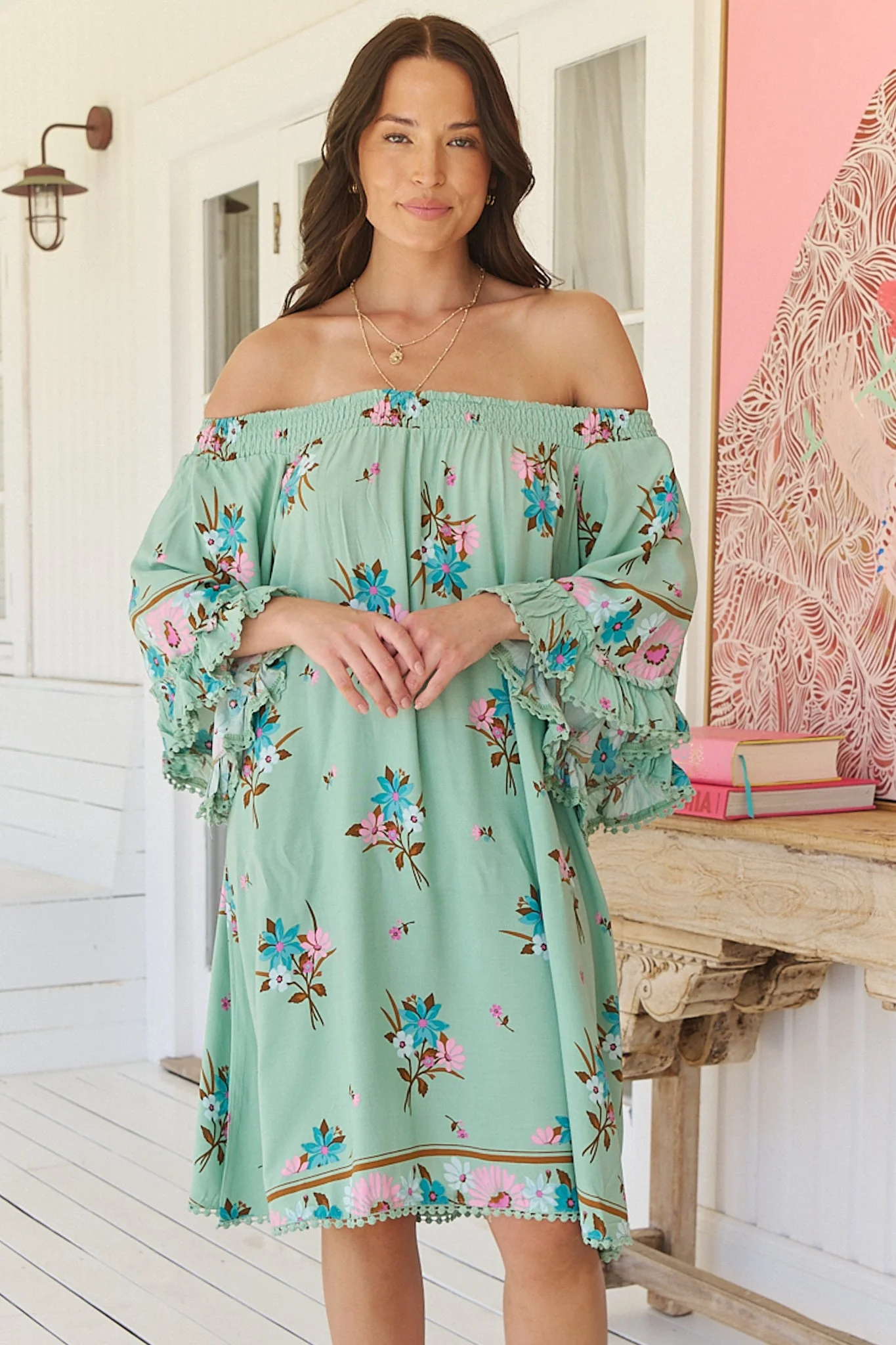 JAASE - Poppy Mini Dress: Elasticated Off the Shoulder Crochet Trim Sleeves Dress in Maribel Print - Image 7