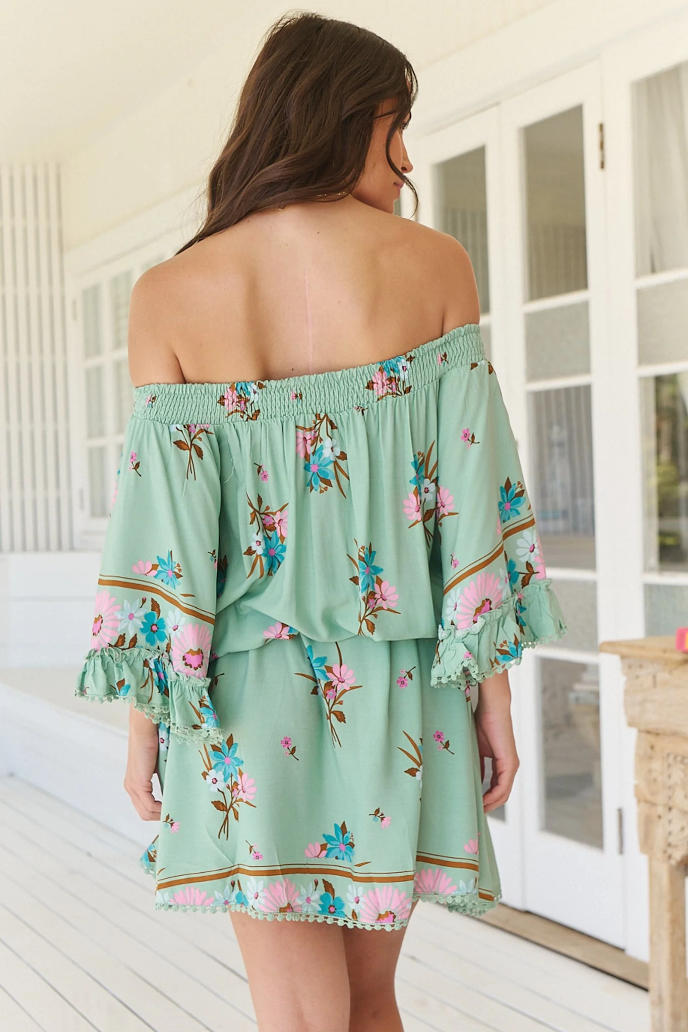JAASE - Poppy Mini Dress: Elasticated Off the Shoulder Crochet Trim Sleeves Dress in Maribel Print - Image 8