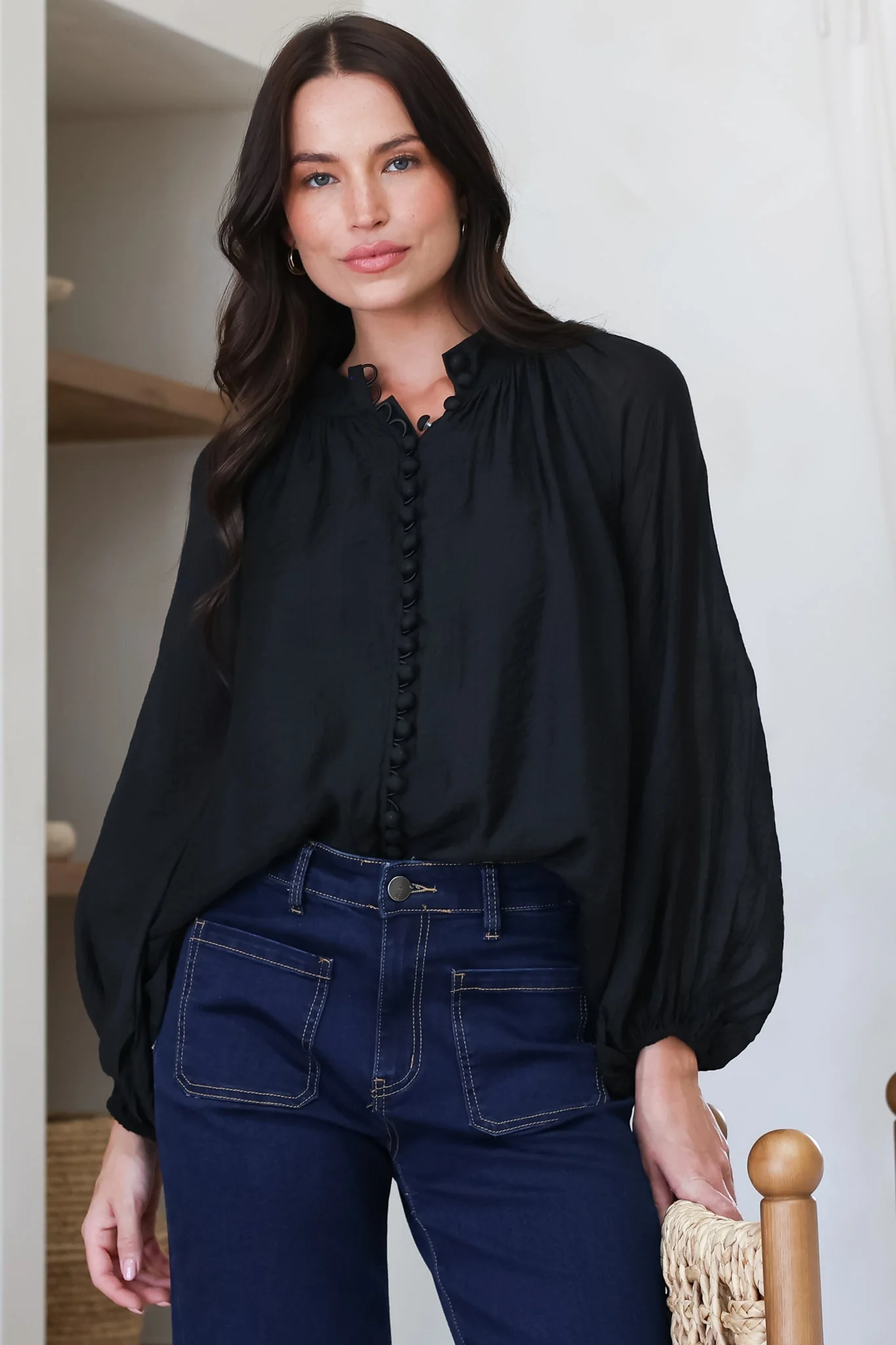 Portia Blouse - Button Down Mandarin Collar Shirt in Black - Image 2