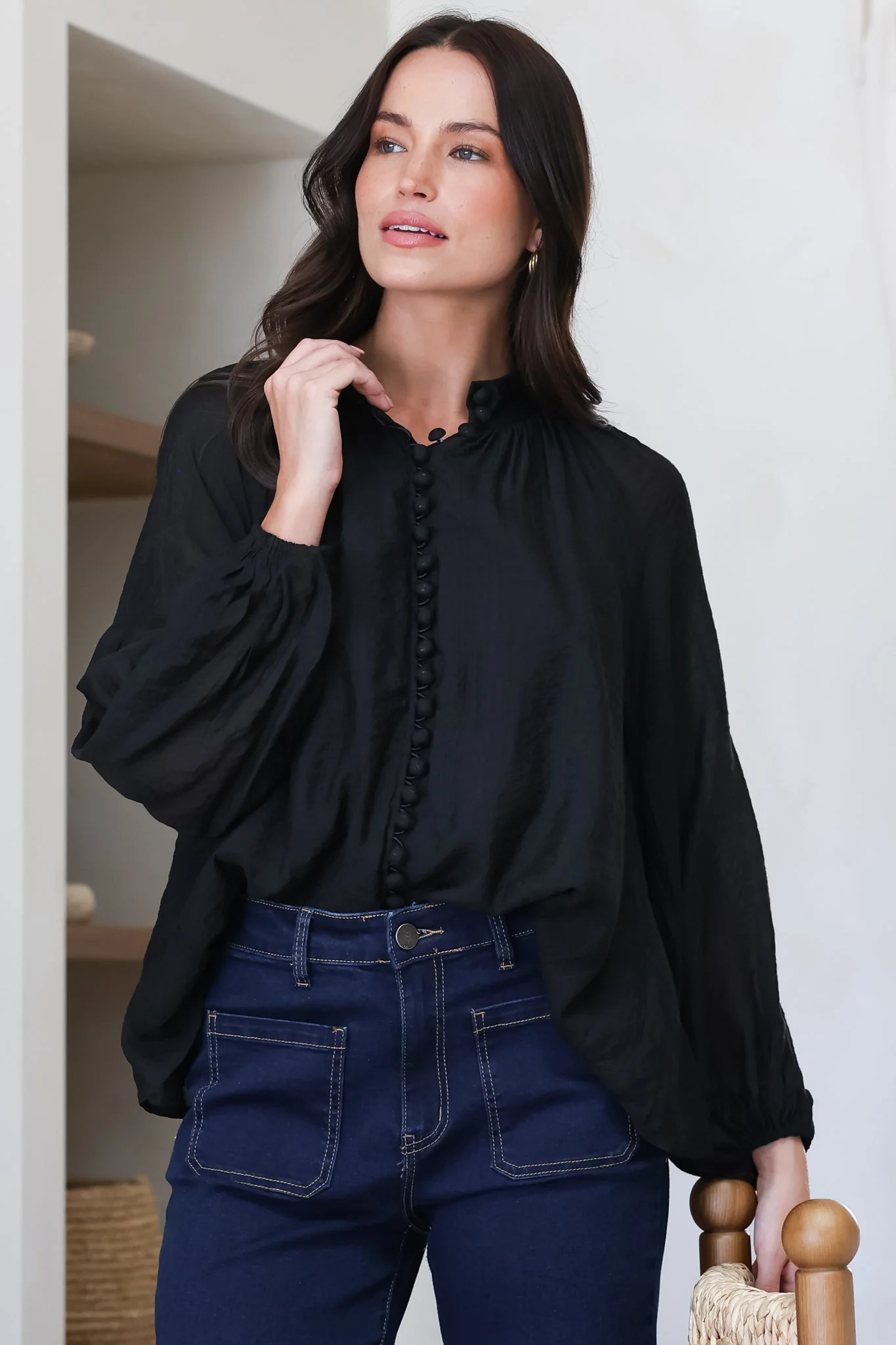 Portia Blouse - Button Down Mandarin Collar Shirt in Black - Image 4