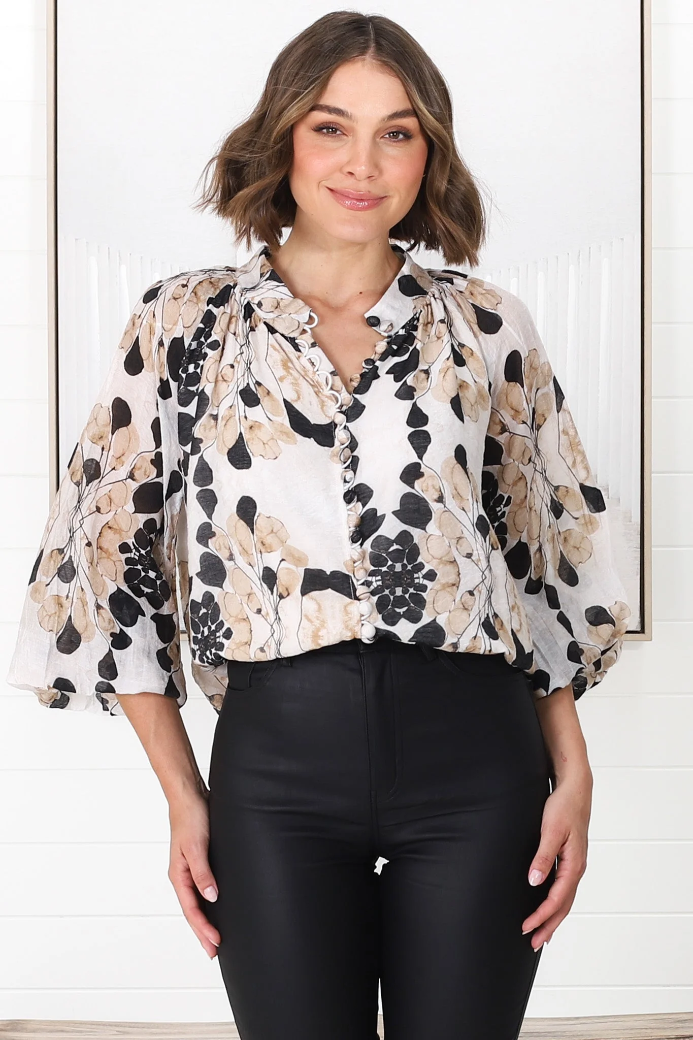 Portia Blouse - Button Down Mandarin Collar Shirt in Calea Print Beige - Image 10