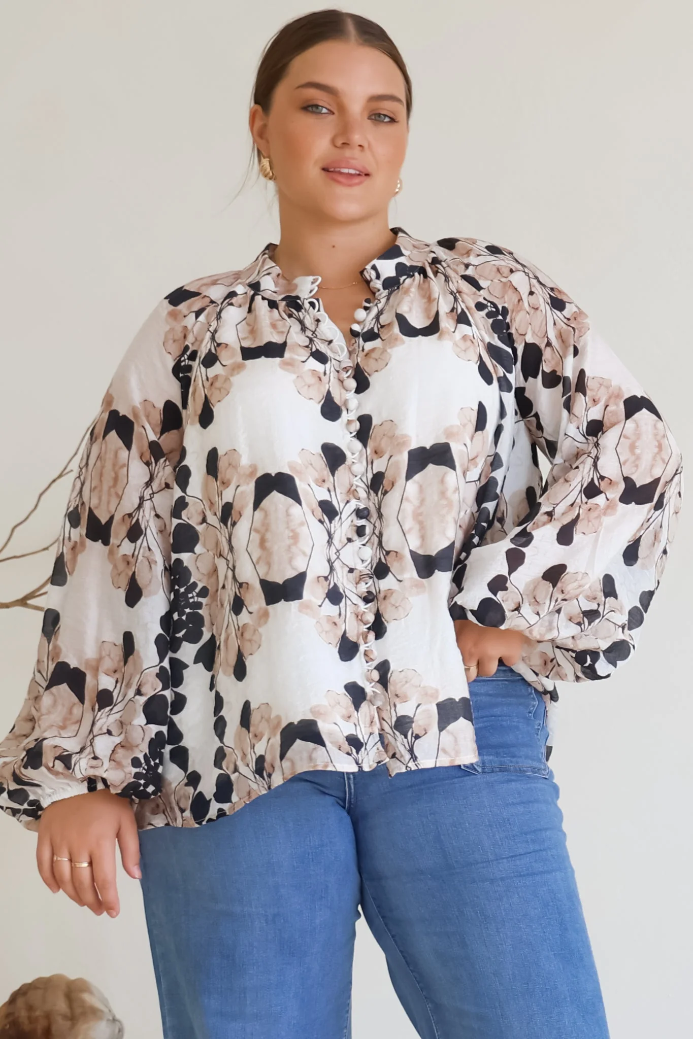 Portia Blouse - Button Down Mandarin Collar Shirt in Calea Print Beige - Image 2