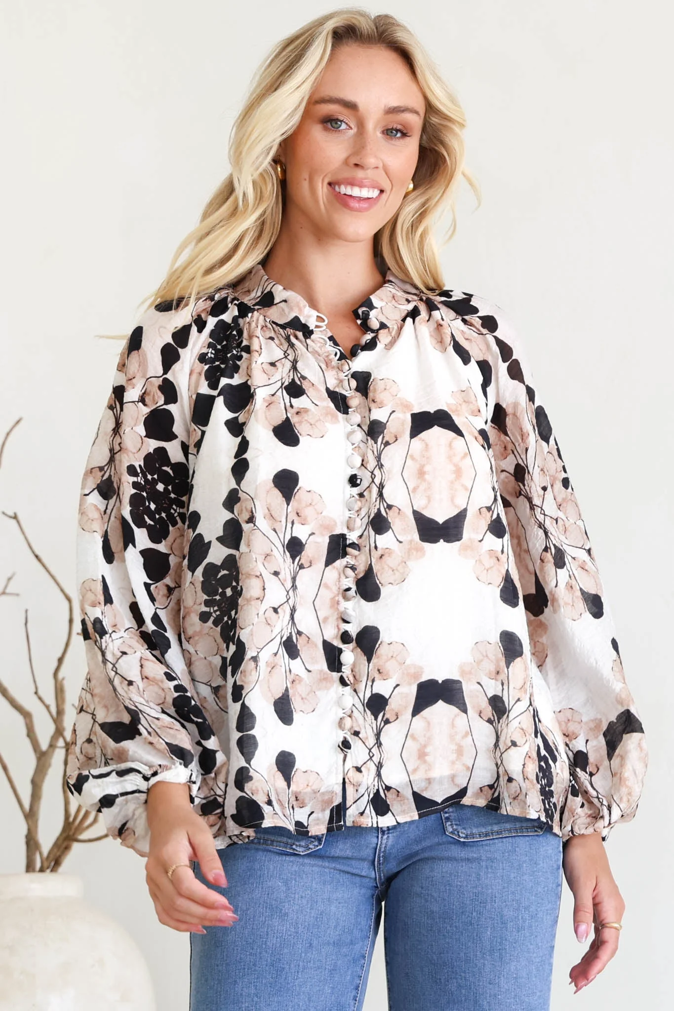 Portia Blouse - Button Down Mandarin Collar Shirt in Calea Print Beige - Image 20