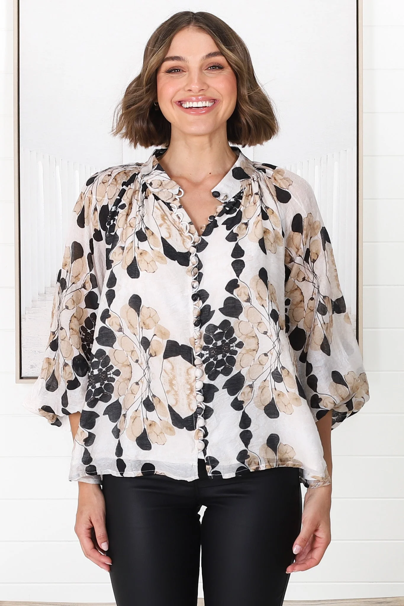 Portia Blouse - Button Down Mandarin Collar Shirt in Calea Print Beige - Image 21