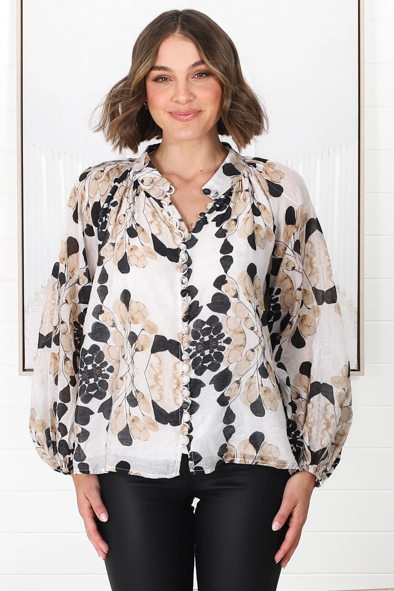 Portia Blouse - Button Down Mandarin Collar Shirt in Calea Print Beige - Image 22