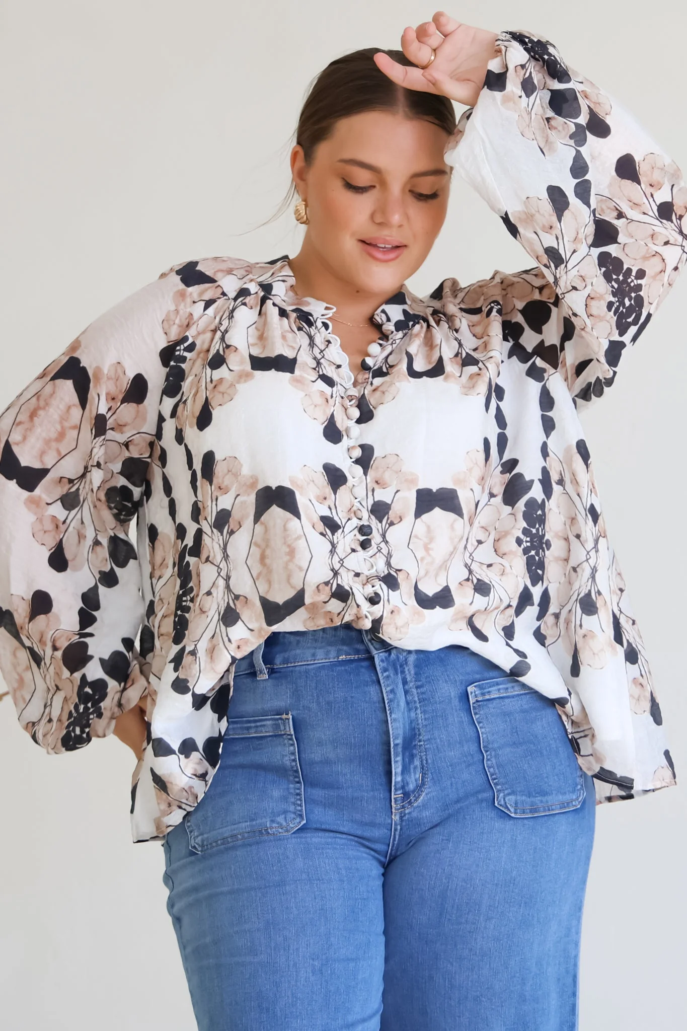 Portia Blouse - Button Down Mandarin Collar Shirt in Calea Print Beige - Image 6