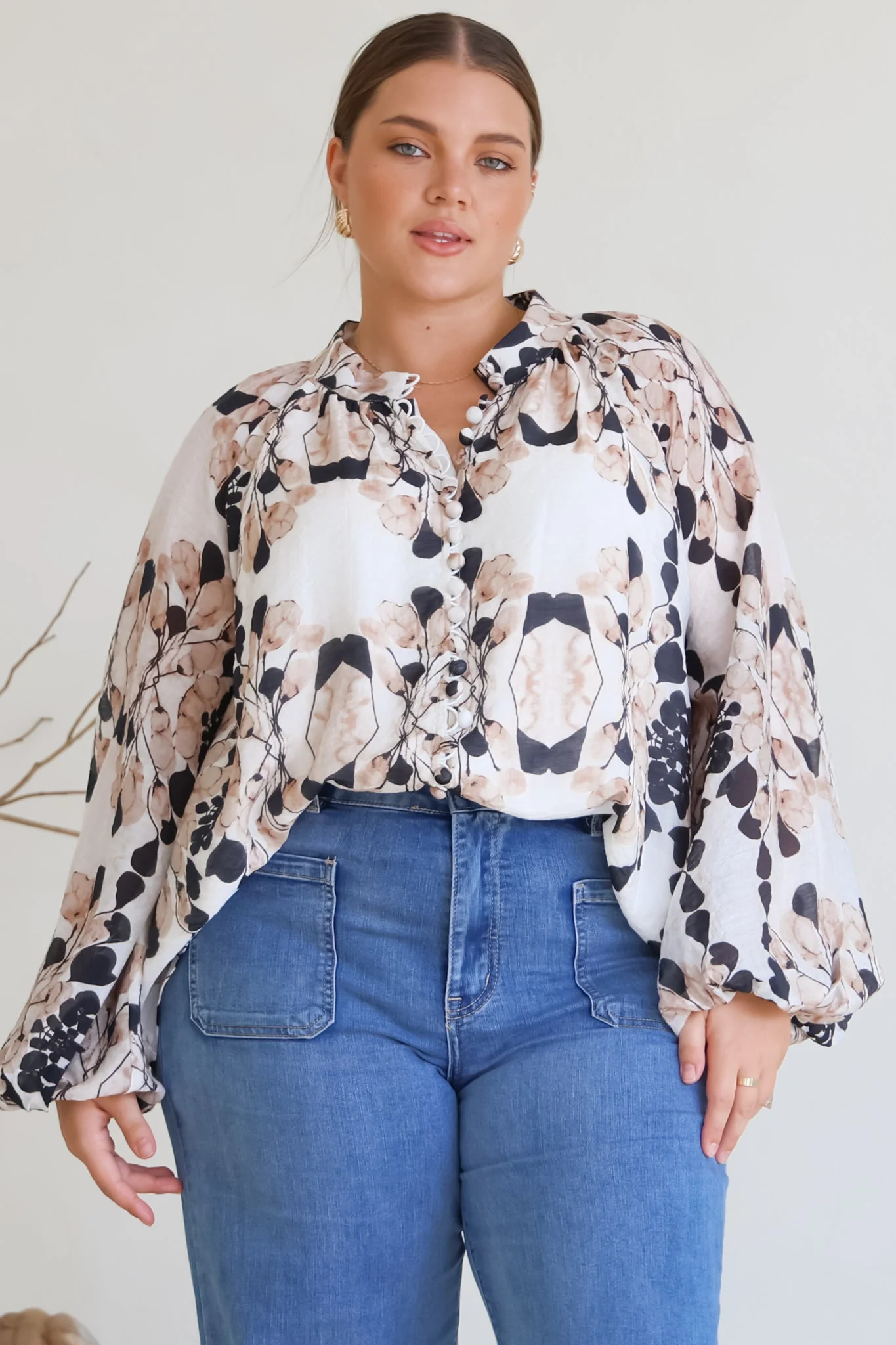 Portia Blouse - Button Down Mandarin Collar Shirt in Calea Print Beige - Image 8