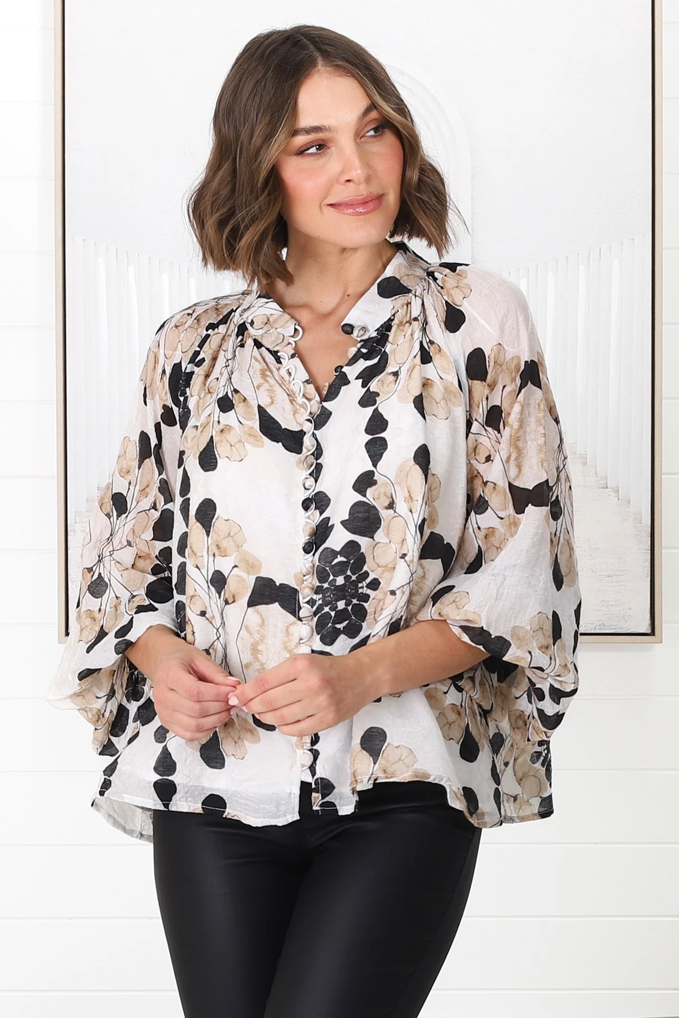 Portia Blouse - Button Down Mandarin Collar Shirt in Calea Print Beige - Image 9