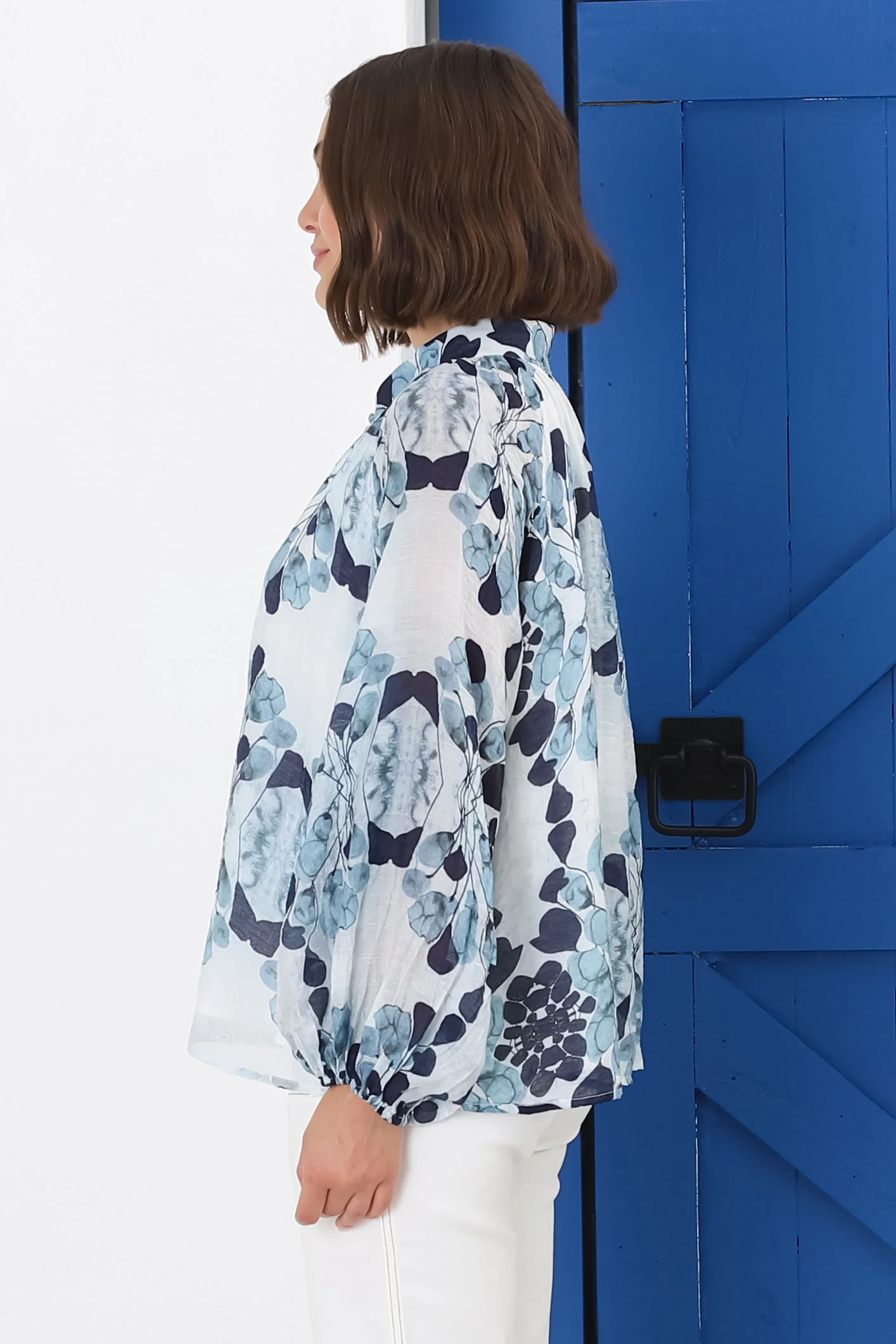 Portia Blouse - Button Down Mandarin Collar Shirt in Calea Print Blue - Image 12