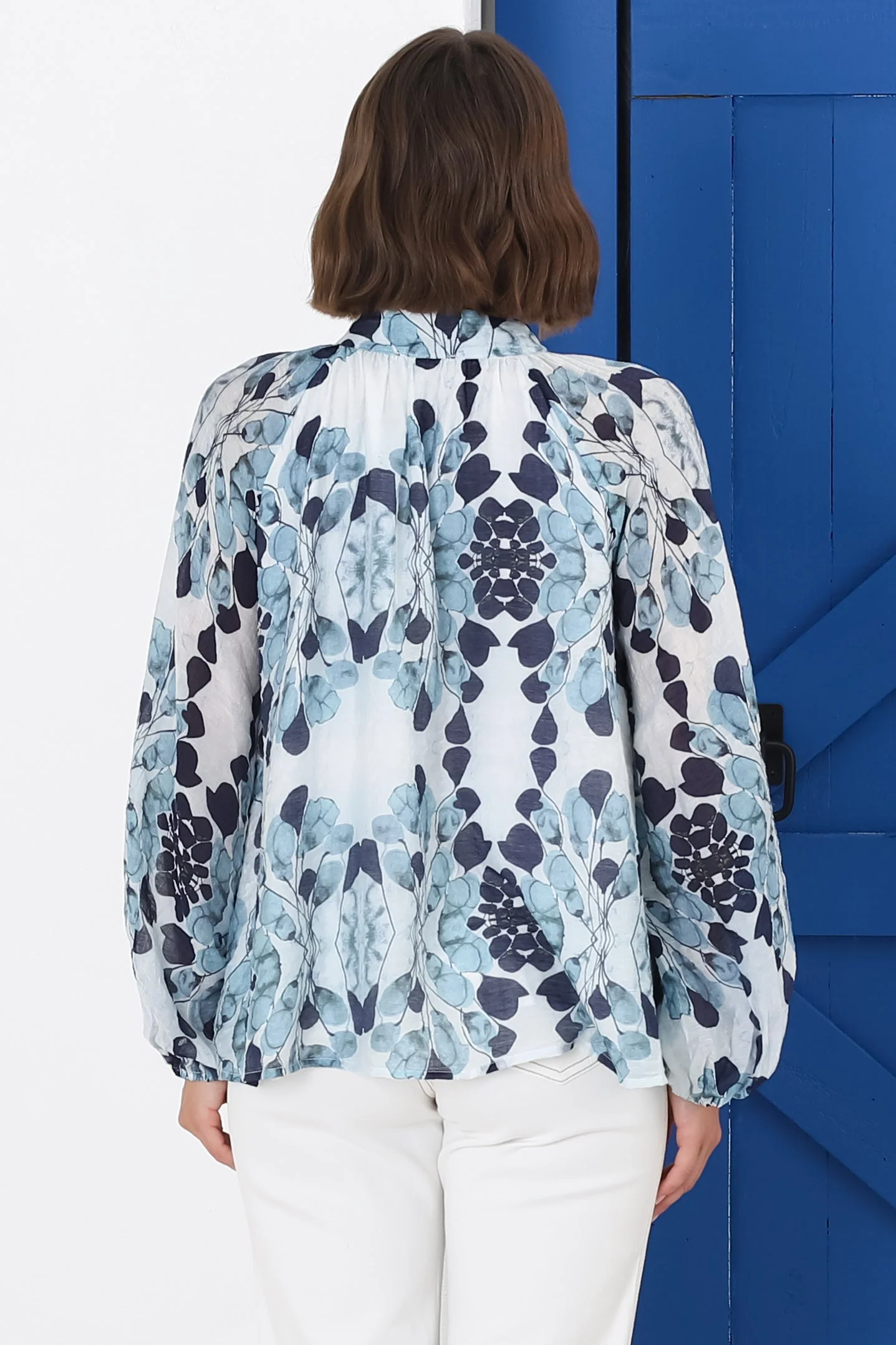 Portia Blouse - Button Down Mandarin Collar Shirt in Calea Print Blue - Image 13