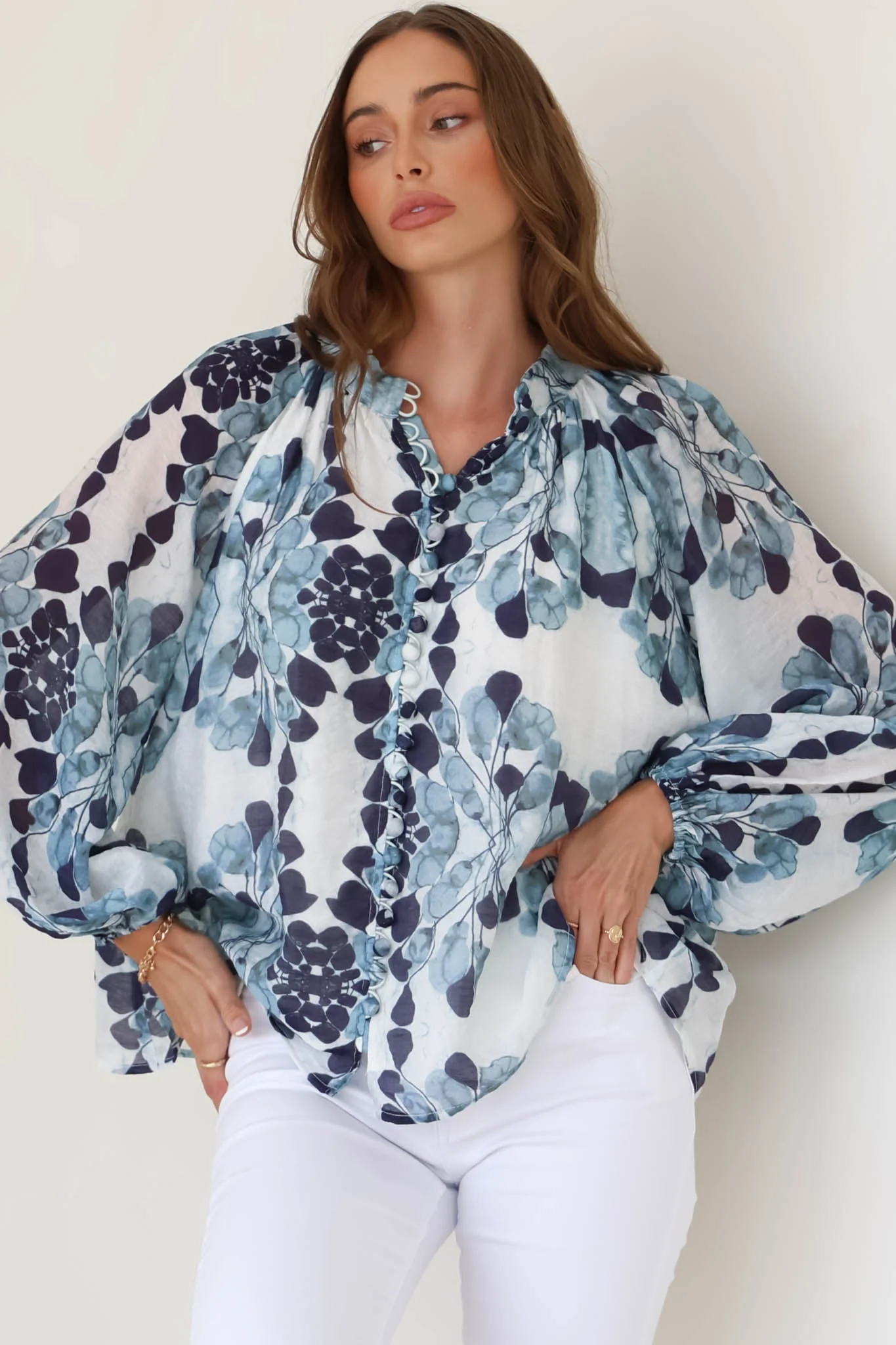 Portia Blouse - Button Down Mandarin Collar Shirt in Calea Print Blue - Image 3