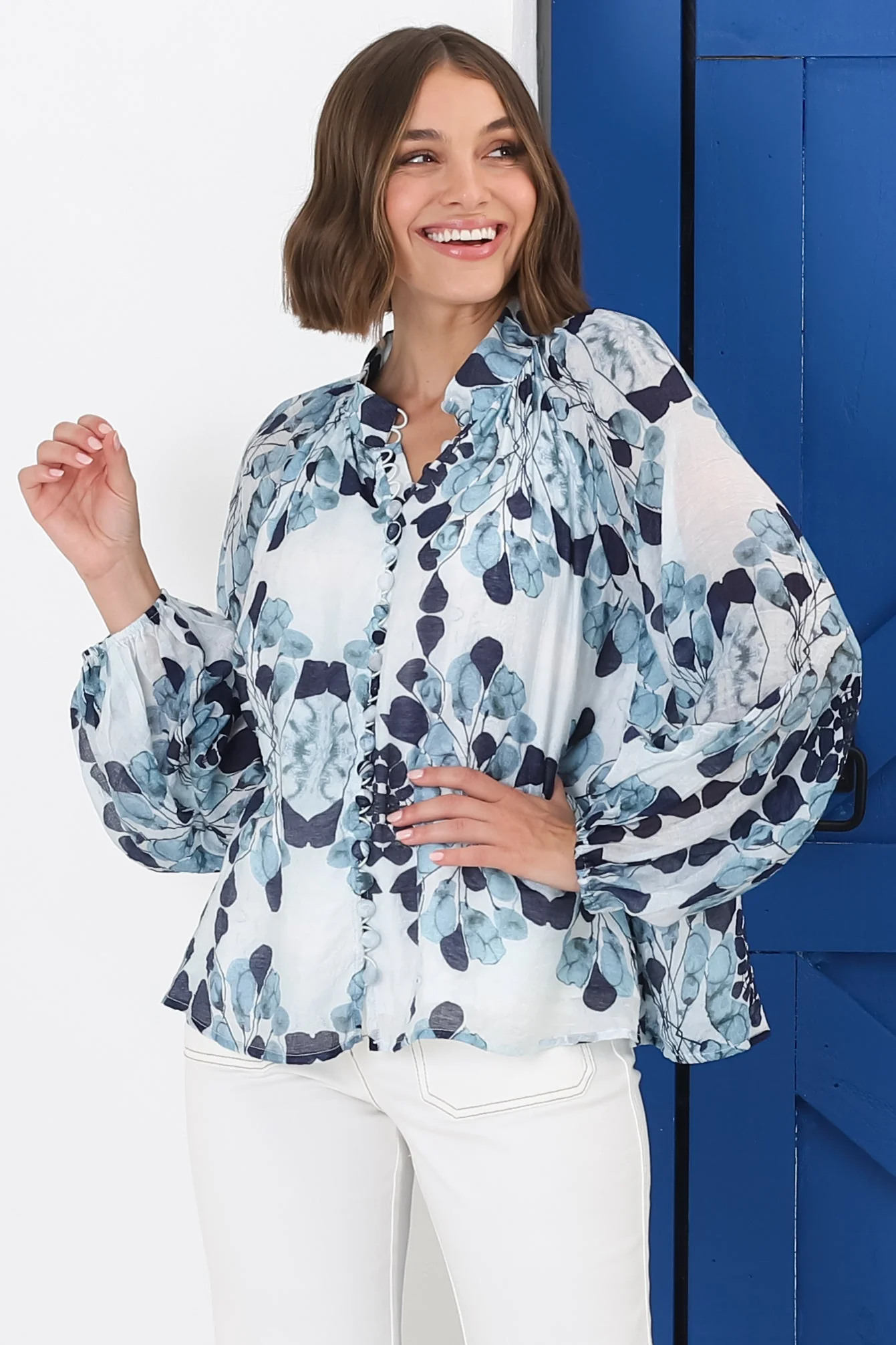 Portia Blouse - Button Down Mandarin Collar Shirt in Calea Print Blue - Image 6