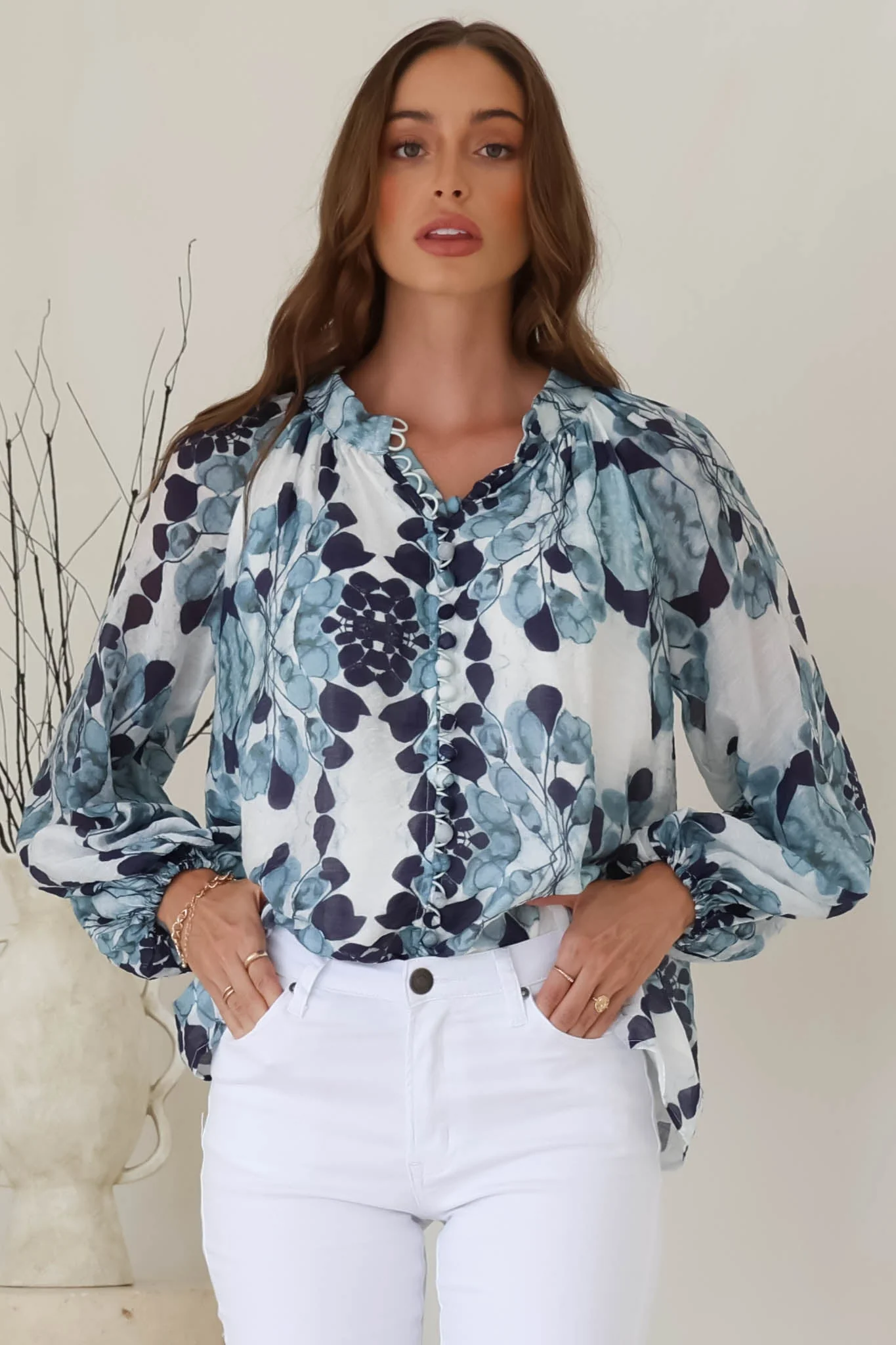 Portia Blouse - Button Down Mandarin Collar Shirt in Calea Print Blue - Image 7