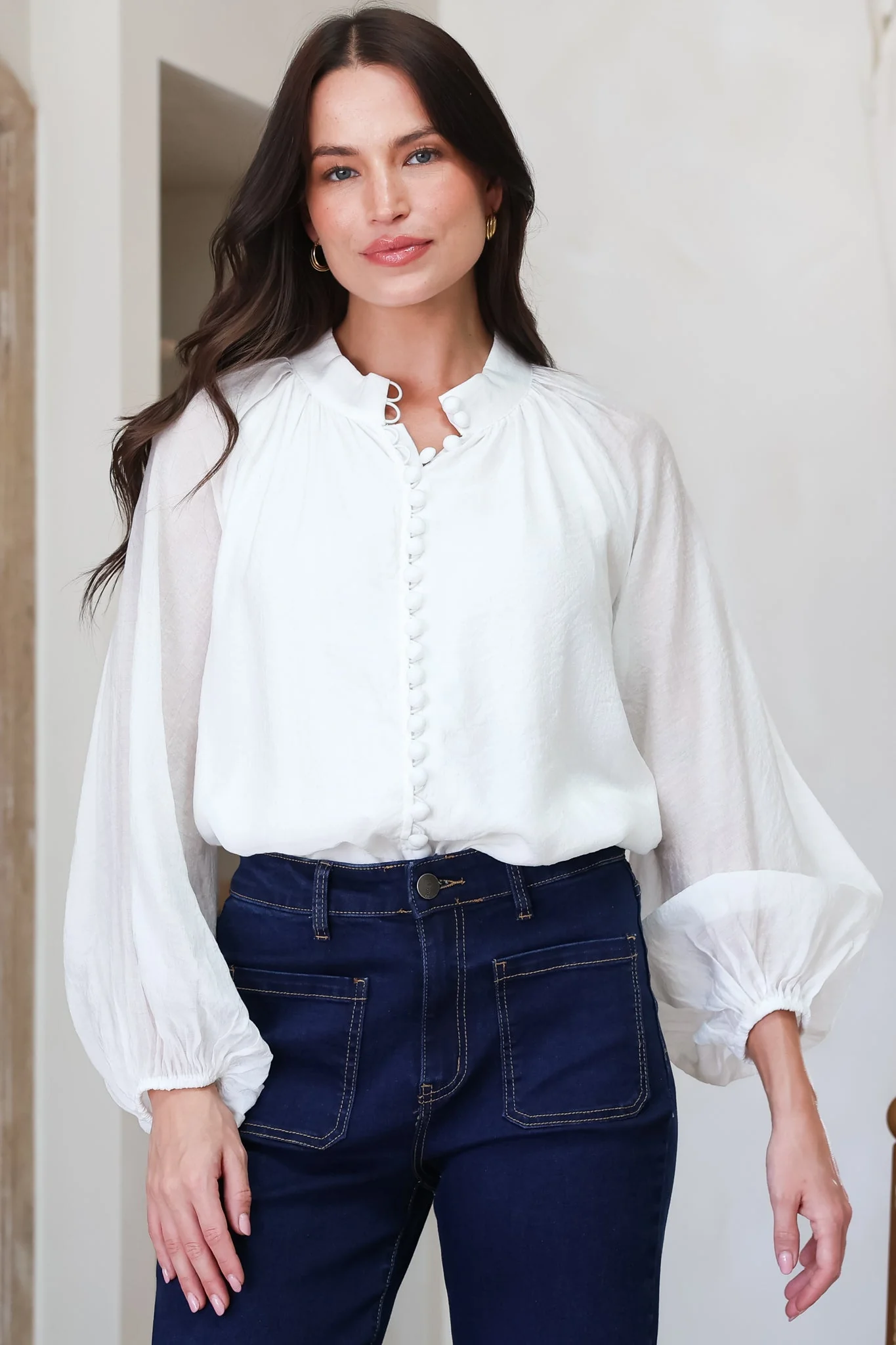 Portia Blouse - Button Down Mandarin Collar Shirt in Cream - Image 3