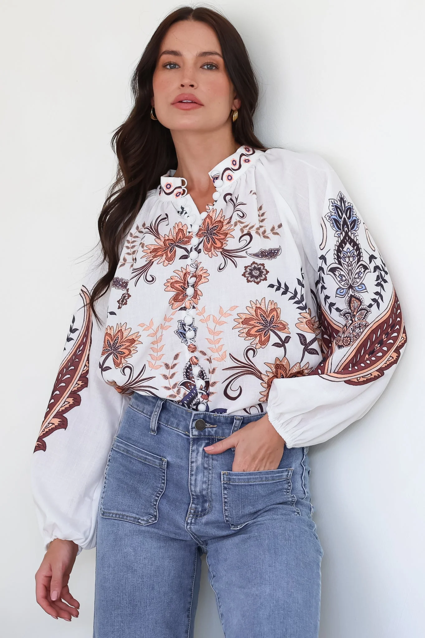 Portia Blouse - Button Down Mandarin Collar Shirt in Magah Print - Image 2