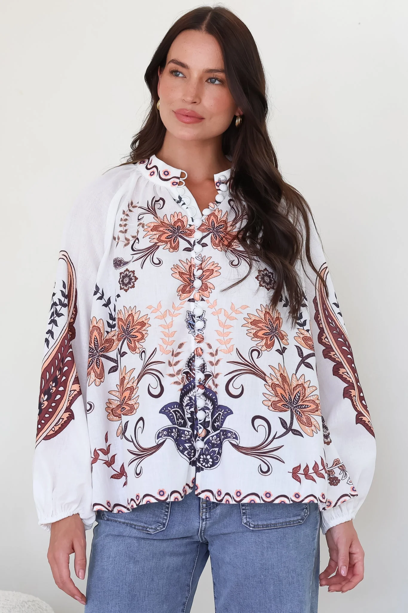 Portia Blouse - Button Down Mandarin Collar Shirt in Magah Print - Image 3